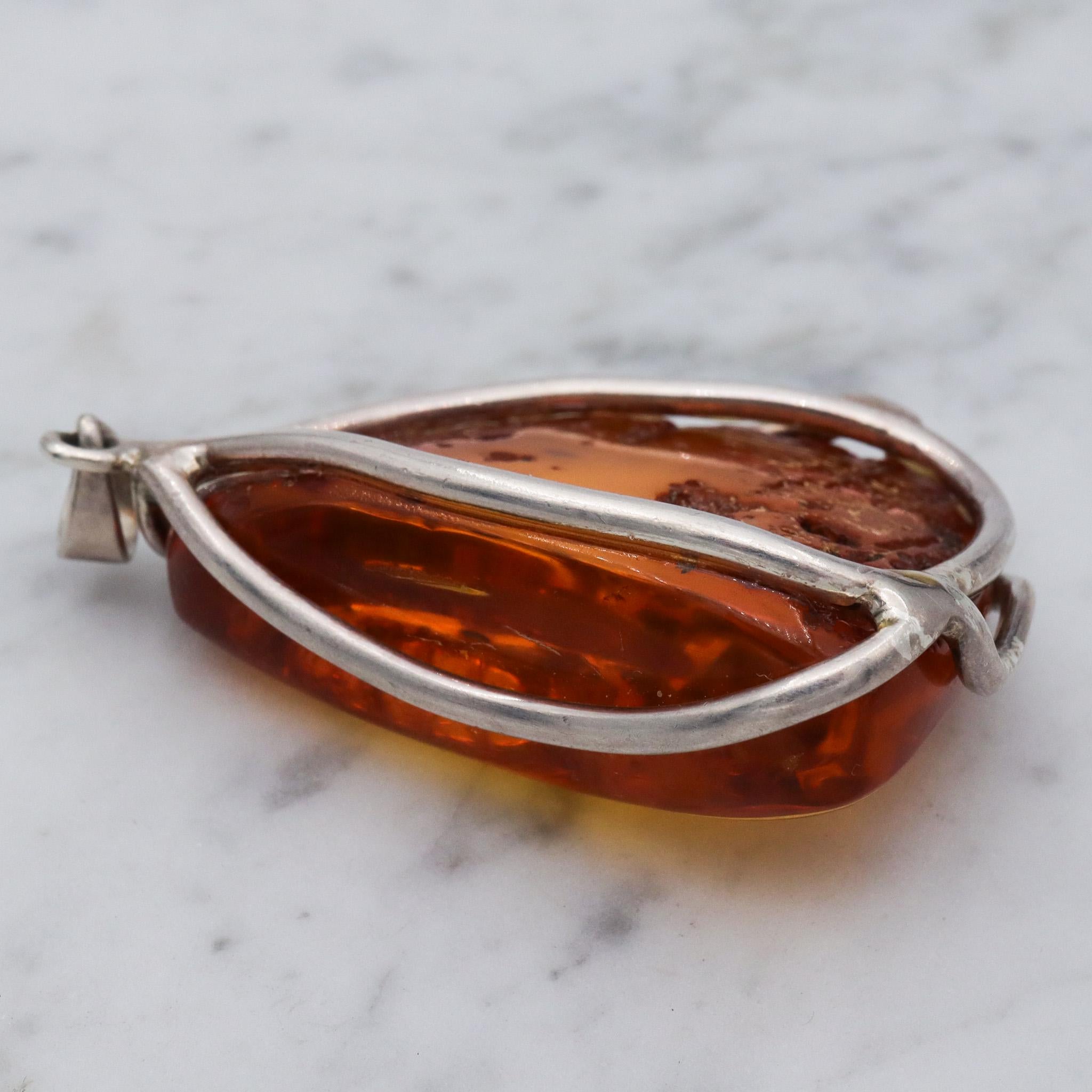 Large vintage sterling silver amber chunk pendant