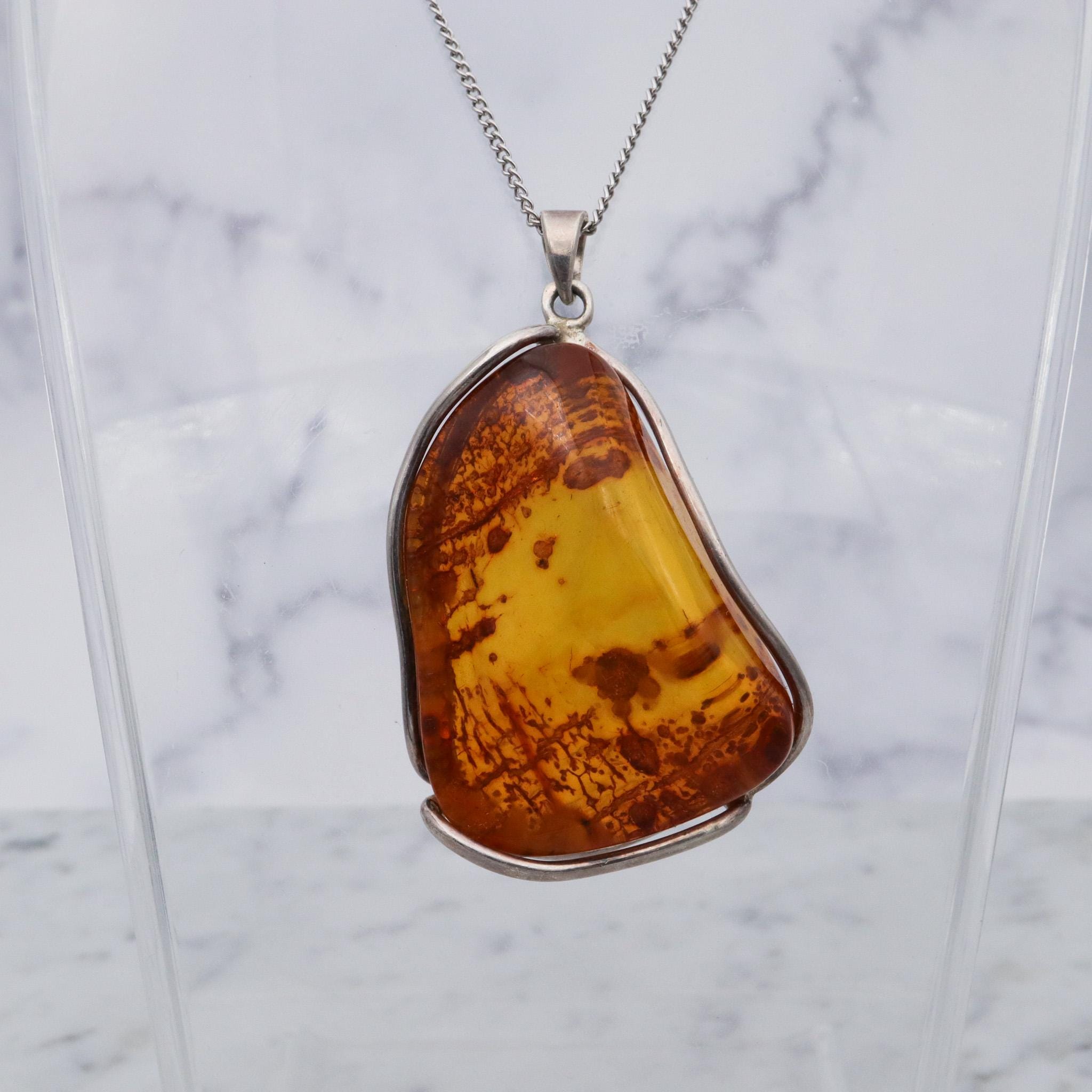 Large vintage sterling silver amber chunk pendant