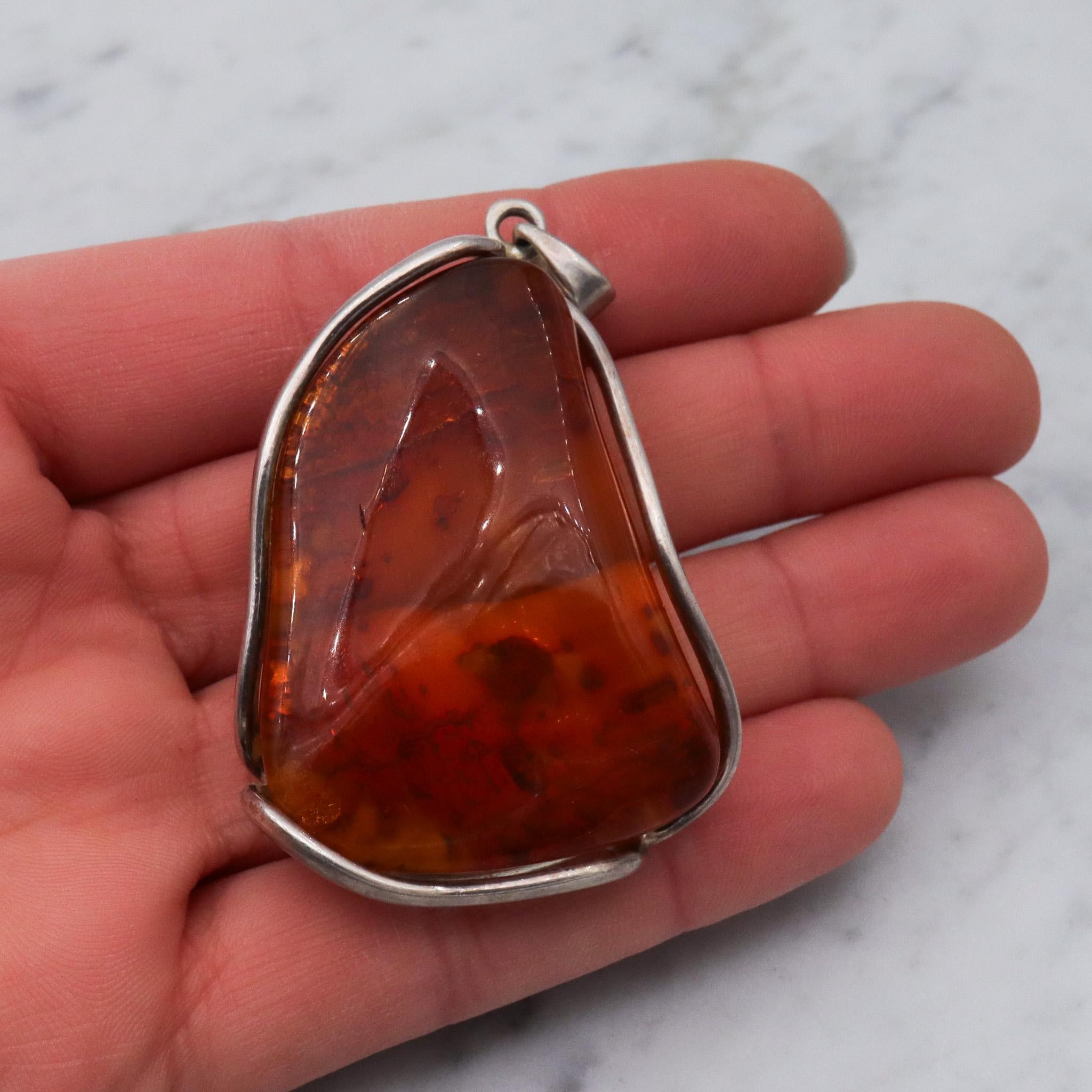 Large vintage sterling silver amber chunk pendant