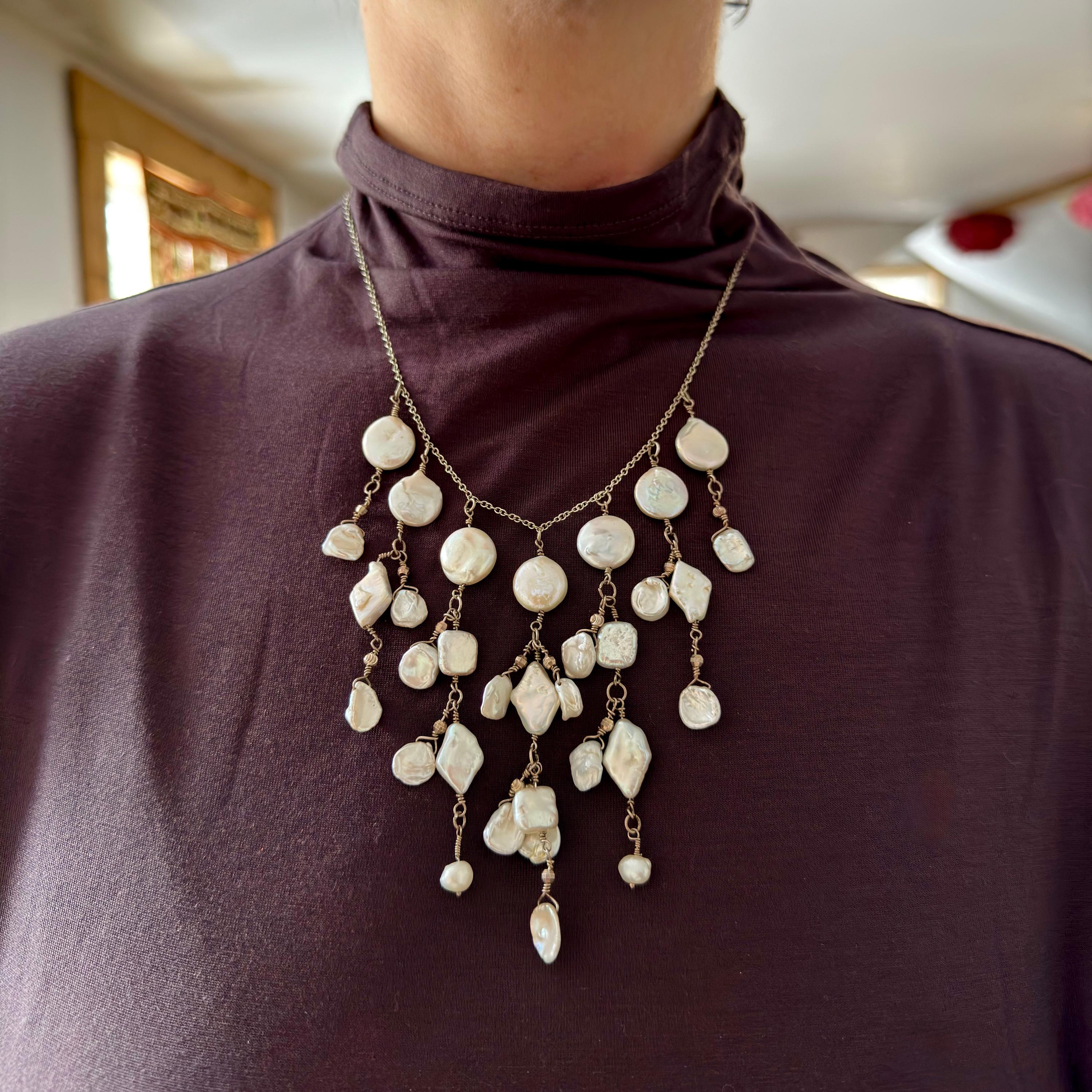 Vintage sterling silver baroque cultured pearl drop necklace