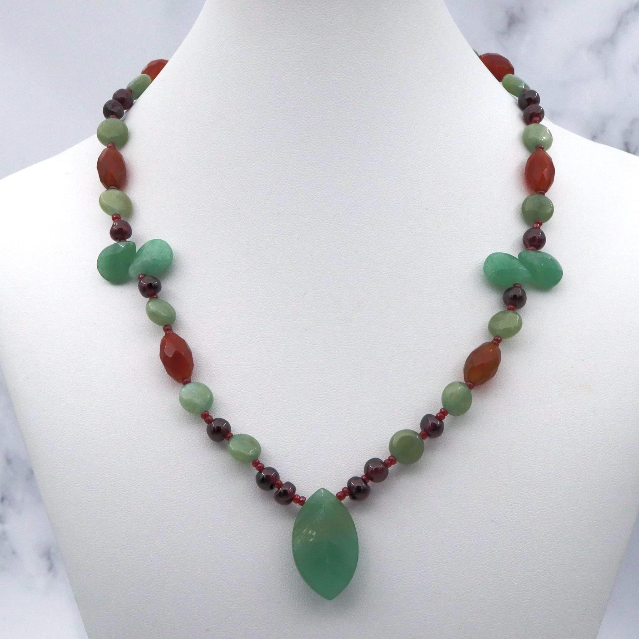 Vintage carved aventurine, carnelian and garnet with gold plated clasp adjustable length necklace