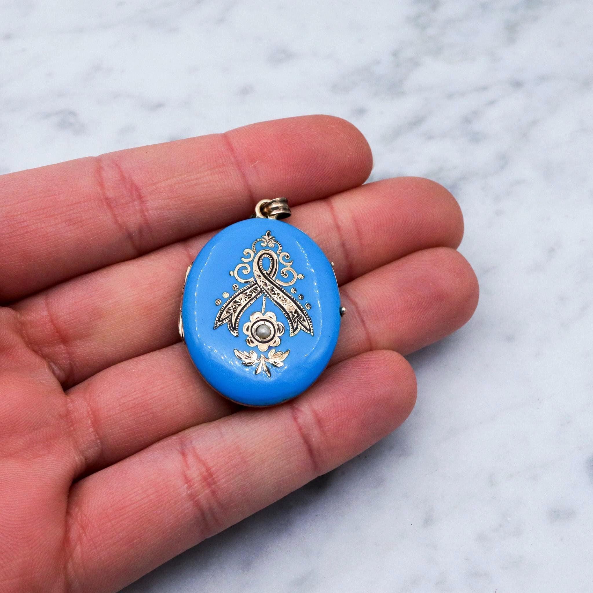 Antique Victorian 14k gold blue & black enamel locket pendant with split pearls