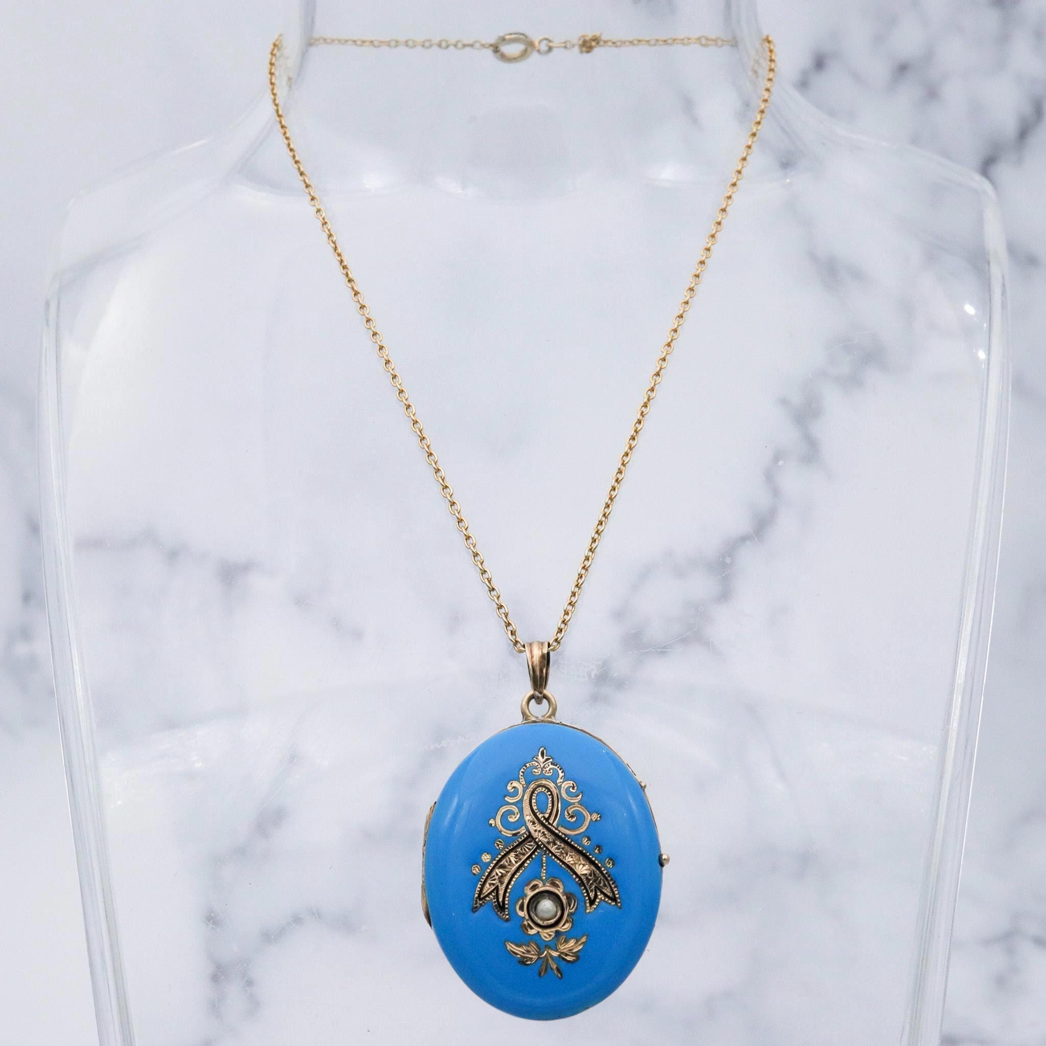 Antique Victorian 14k gold blue & black enamel locket pendant with split pearls