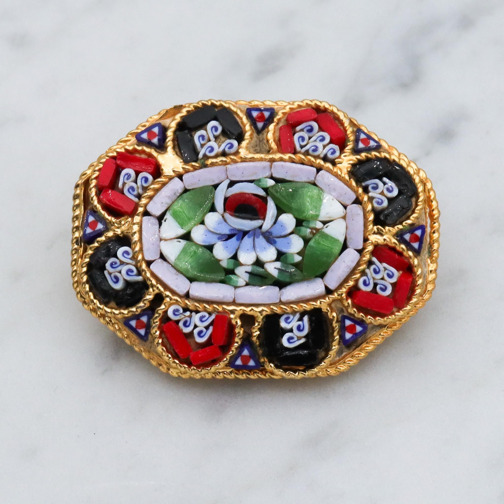 Vintage Italian micro mosaic tile gold plated brooch