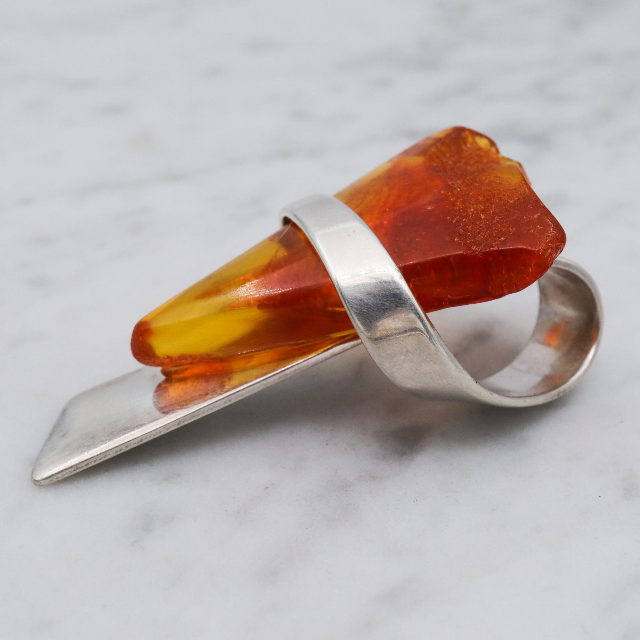 Mid Century sterling silver Baltic amber triangle pendant