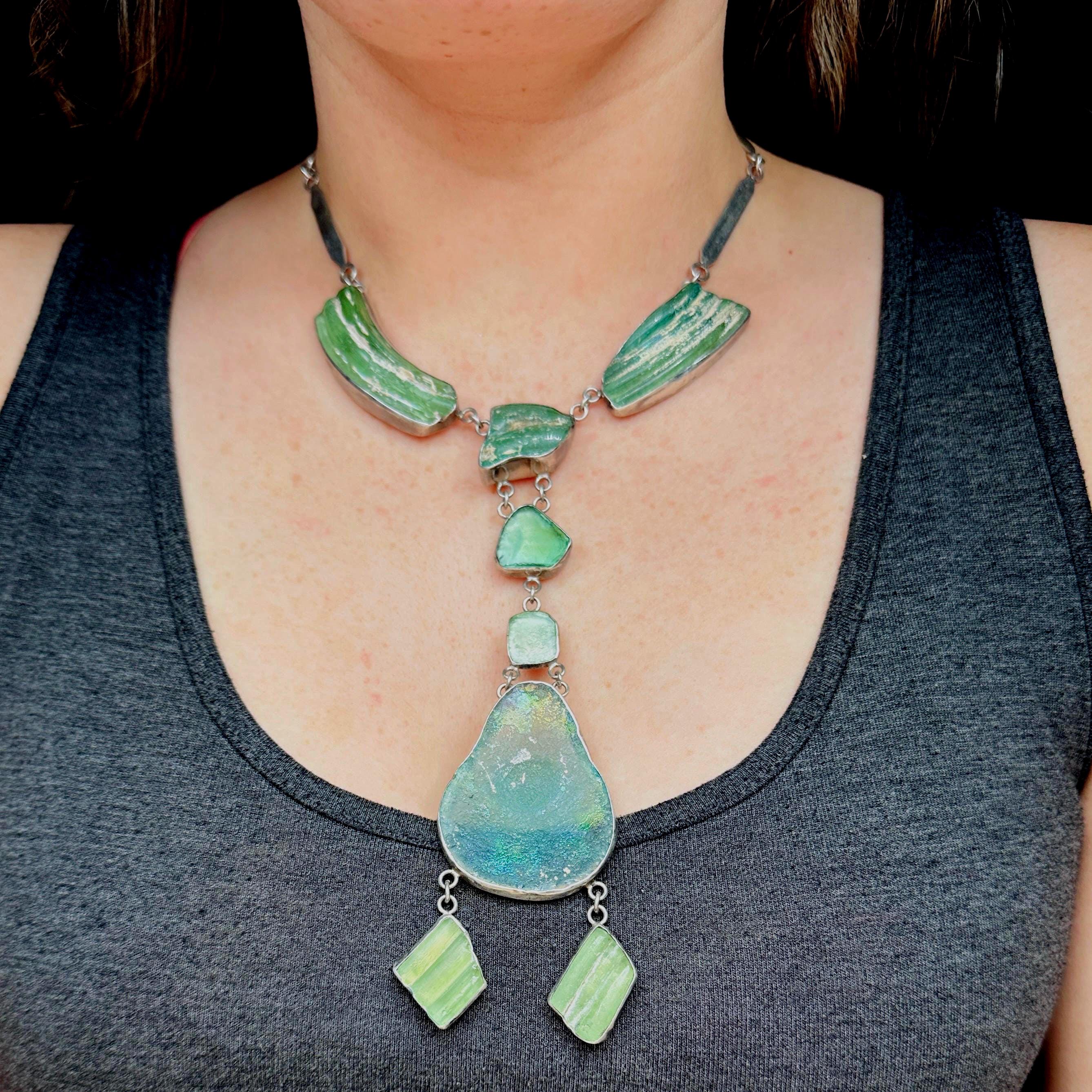 Vintage handmade sterling silver ancient Roman glass lavalier style necklace
