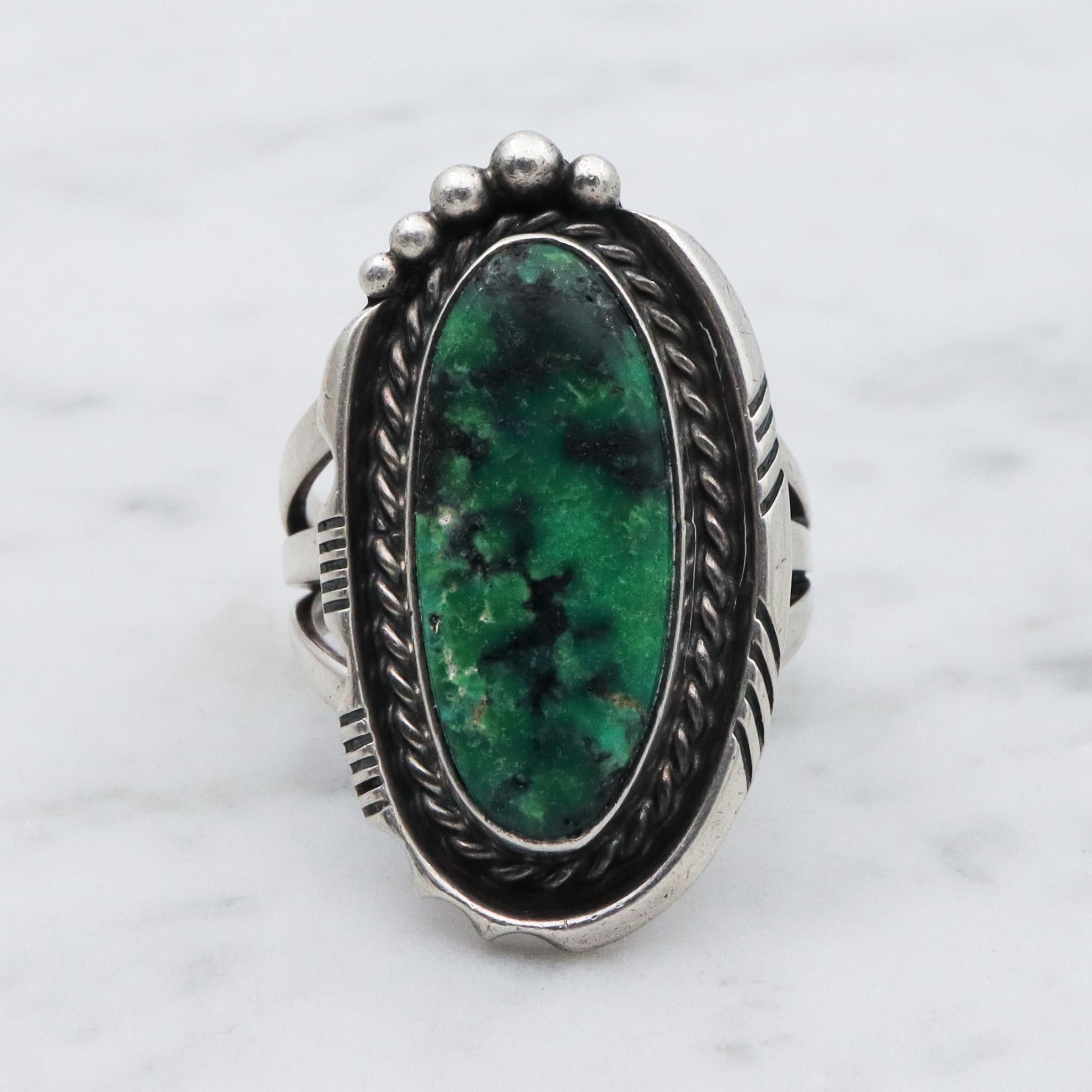 Native American sterling silver green turquoise navette ring , sz 7.5