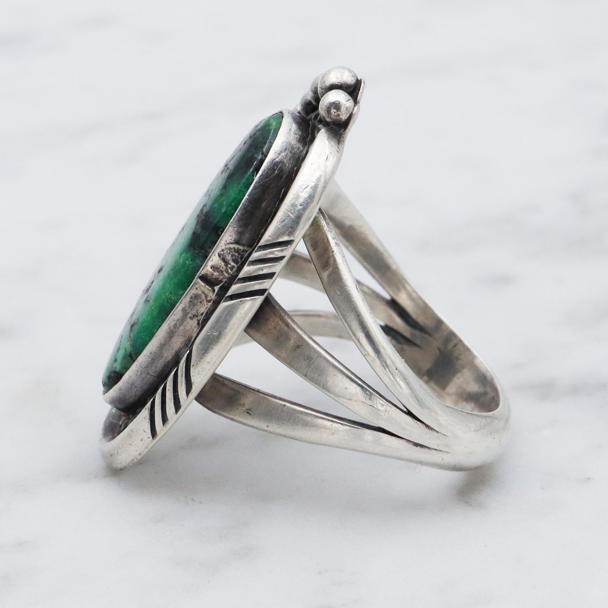 Native American sterling silver green turquoise navette ring , sz 7.5