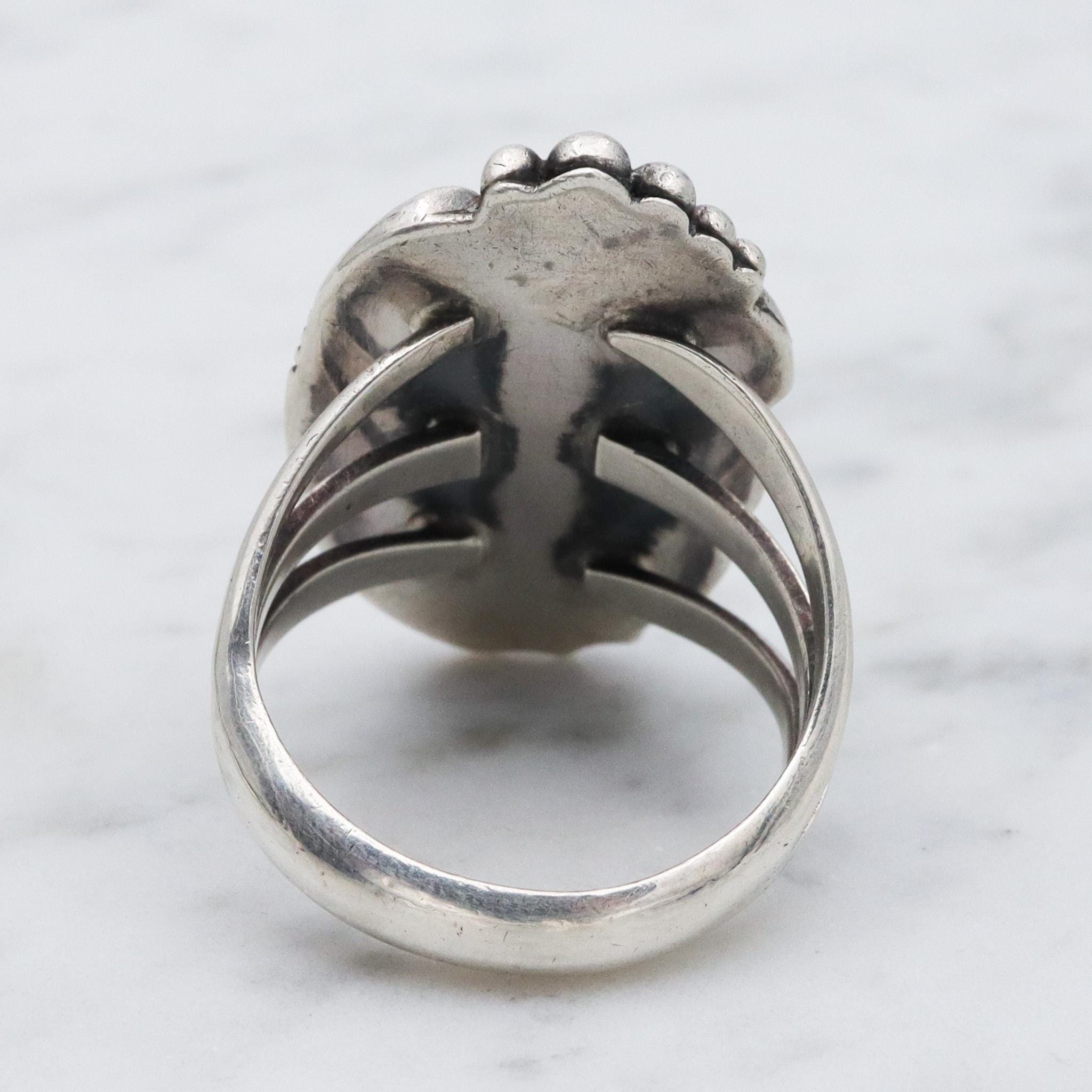 Native American sterling silver green turquoise navette ring , sz 7.5