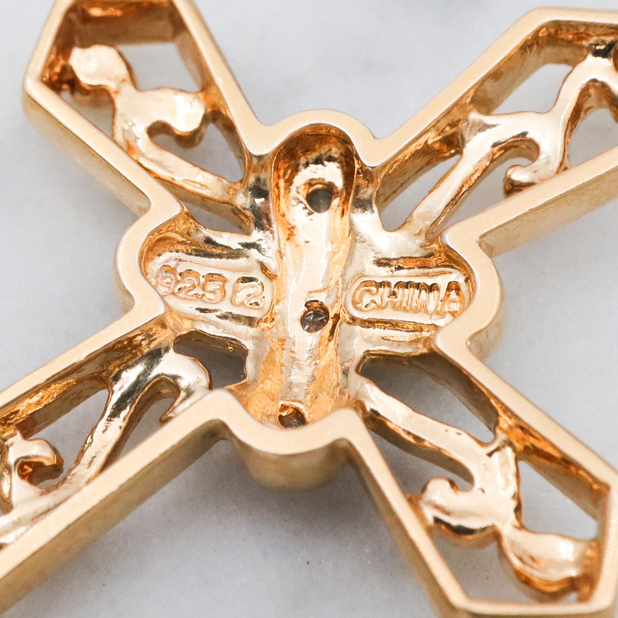 Vintage gold plated sterling silver filigree cross pendant with diamond accents