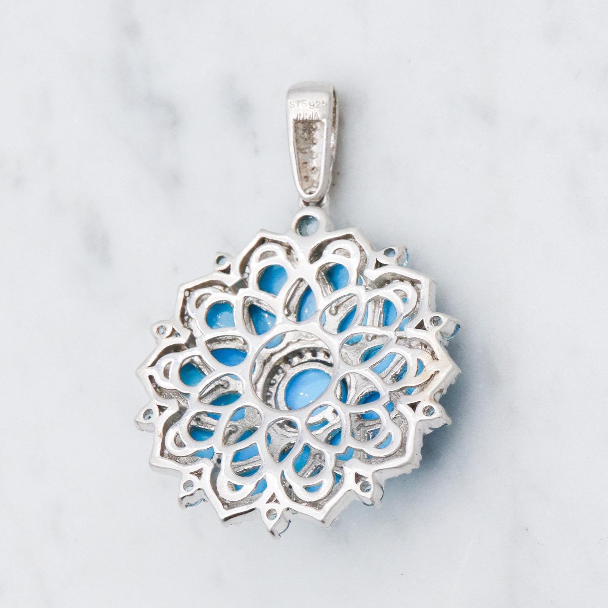 Vintage sterling silver turquoise, blue topaz & zircon mandala pendant