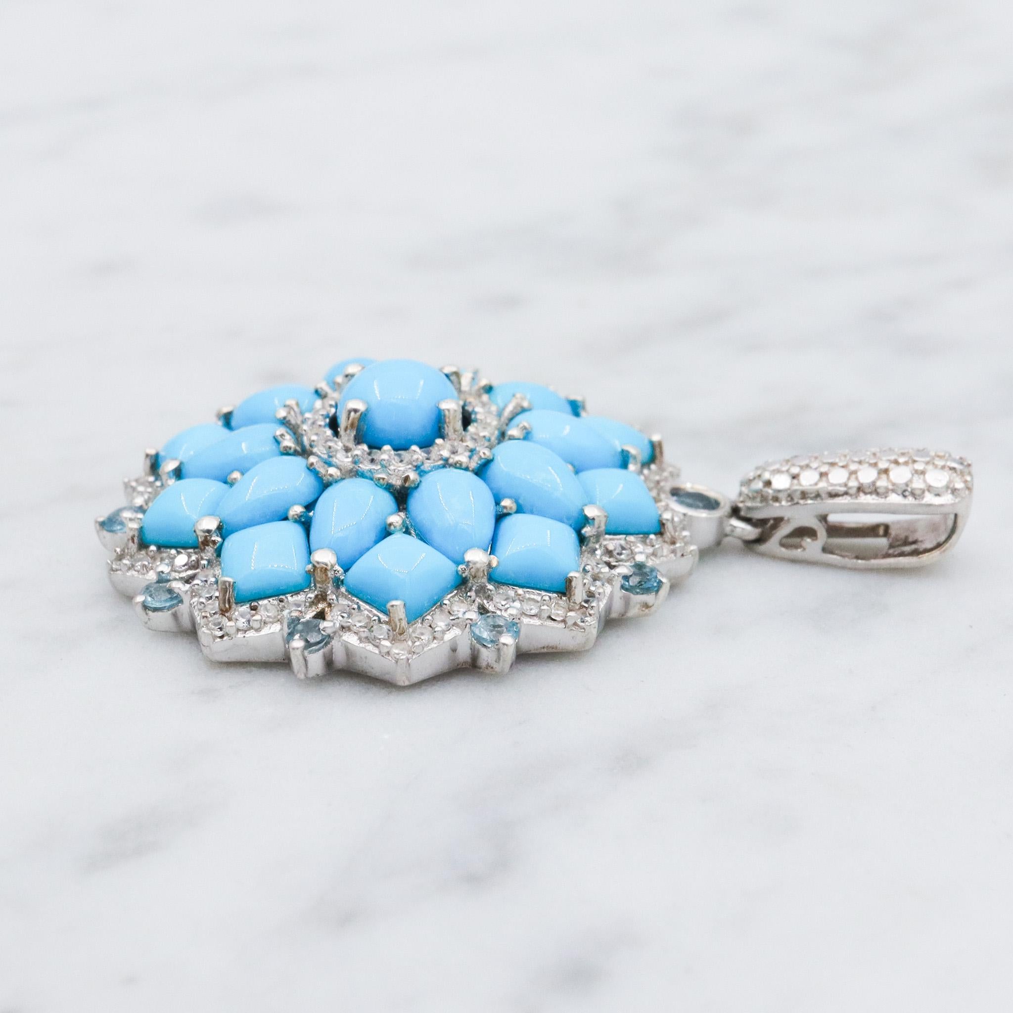 Vintage sterling silver turquoise, blue topaz & zircon mandala pendant