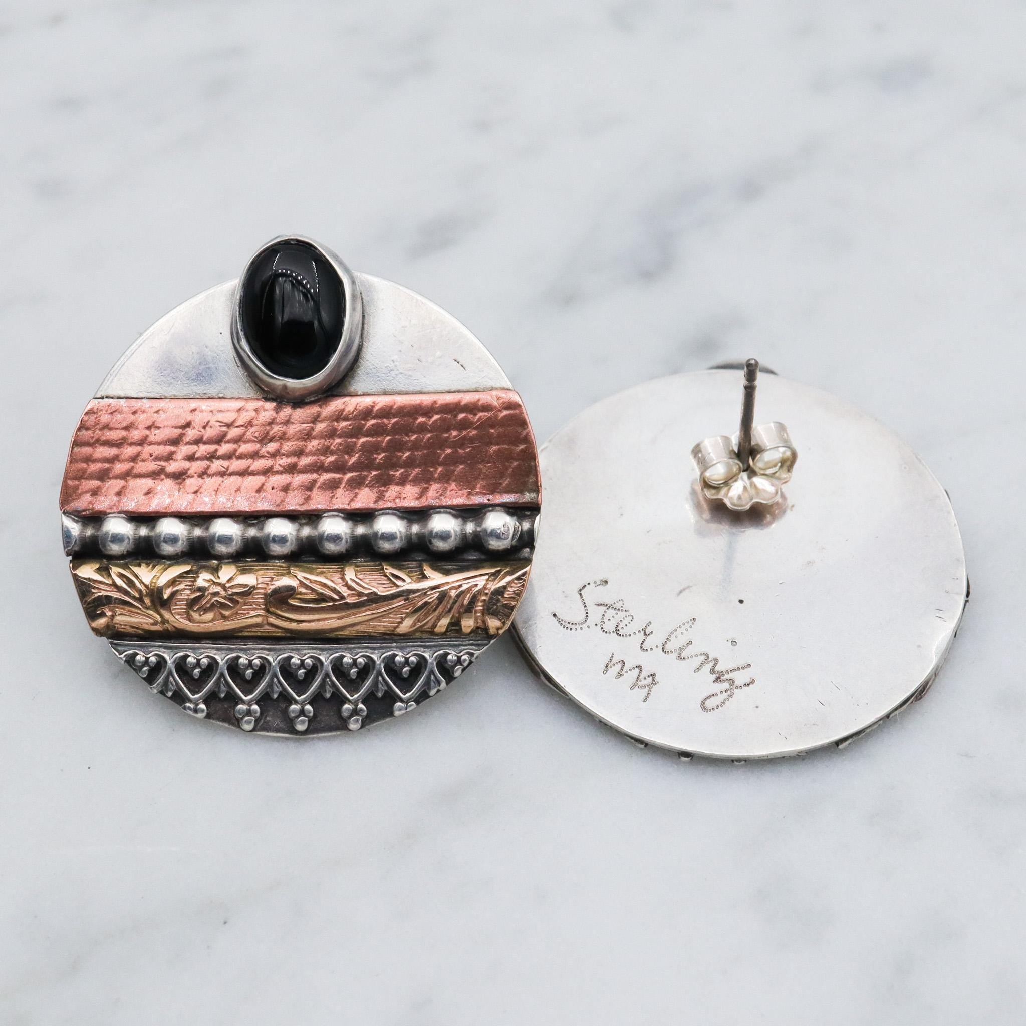 Retro sterling silver, copper & brass disc earrings with onyx, artist signed