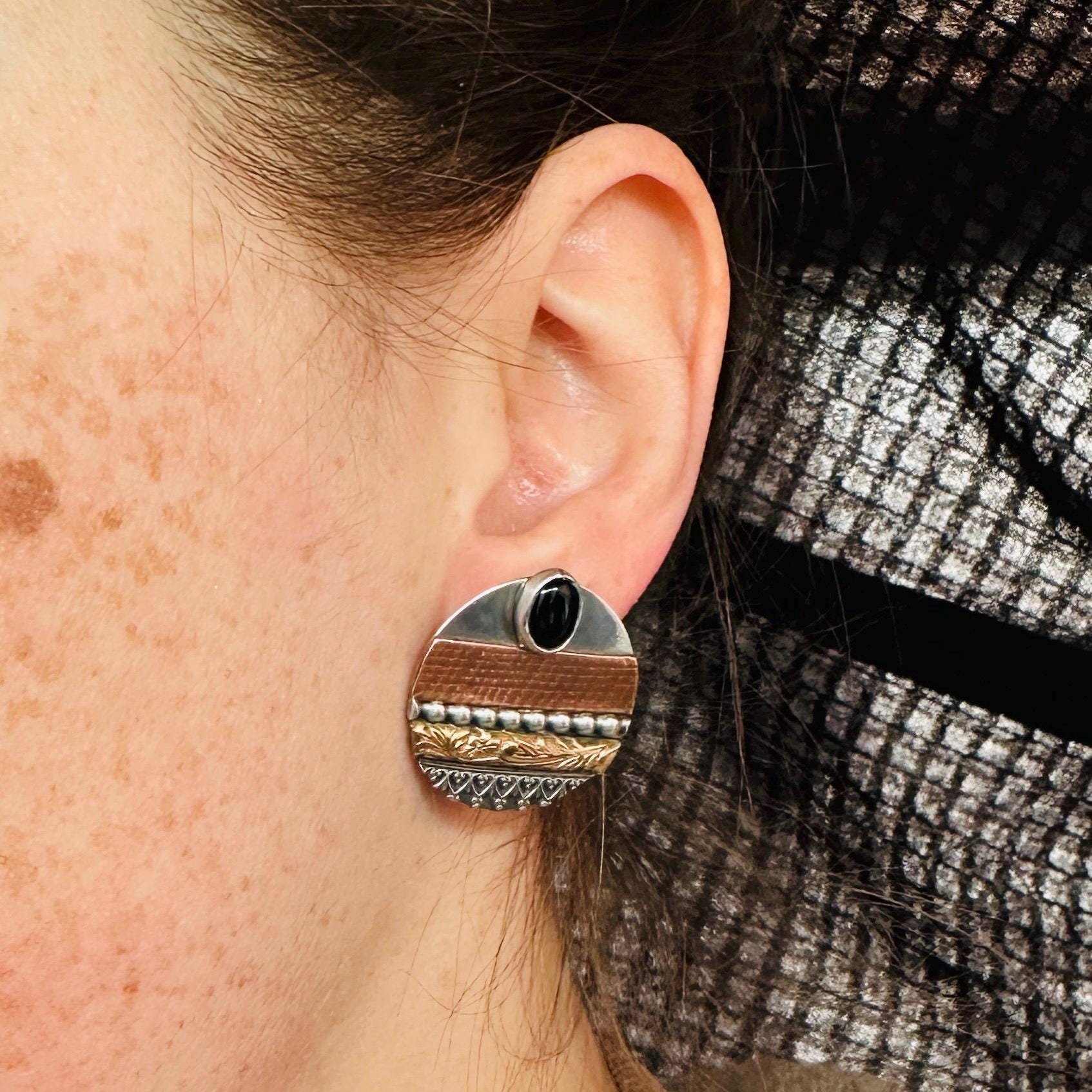 Retro sterling silver, copper & brass disc earrings with onyx, artist signed