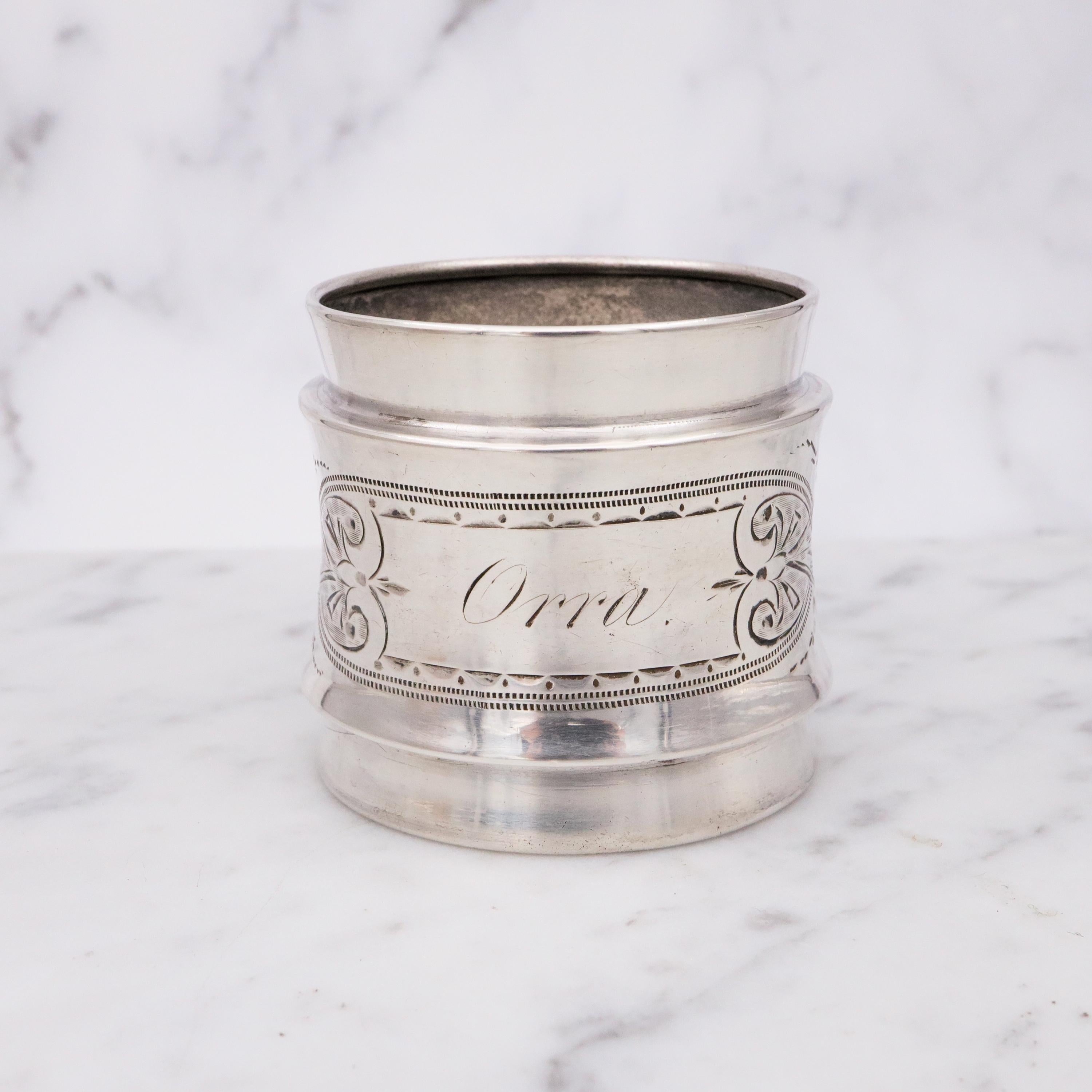 Antique aesthetic American coin silver napkin ring engraved "Orra"