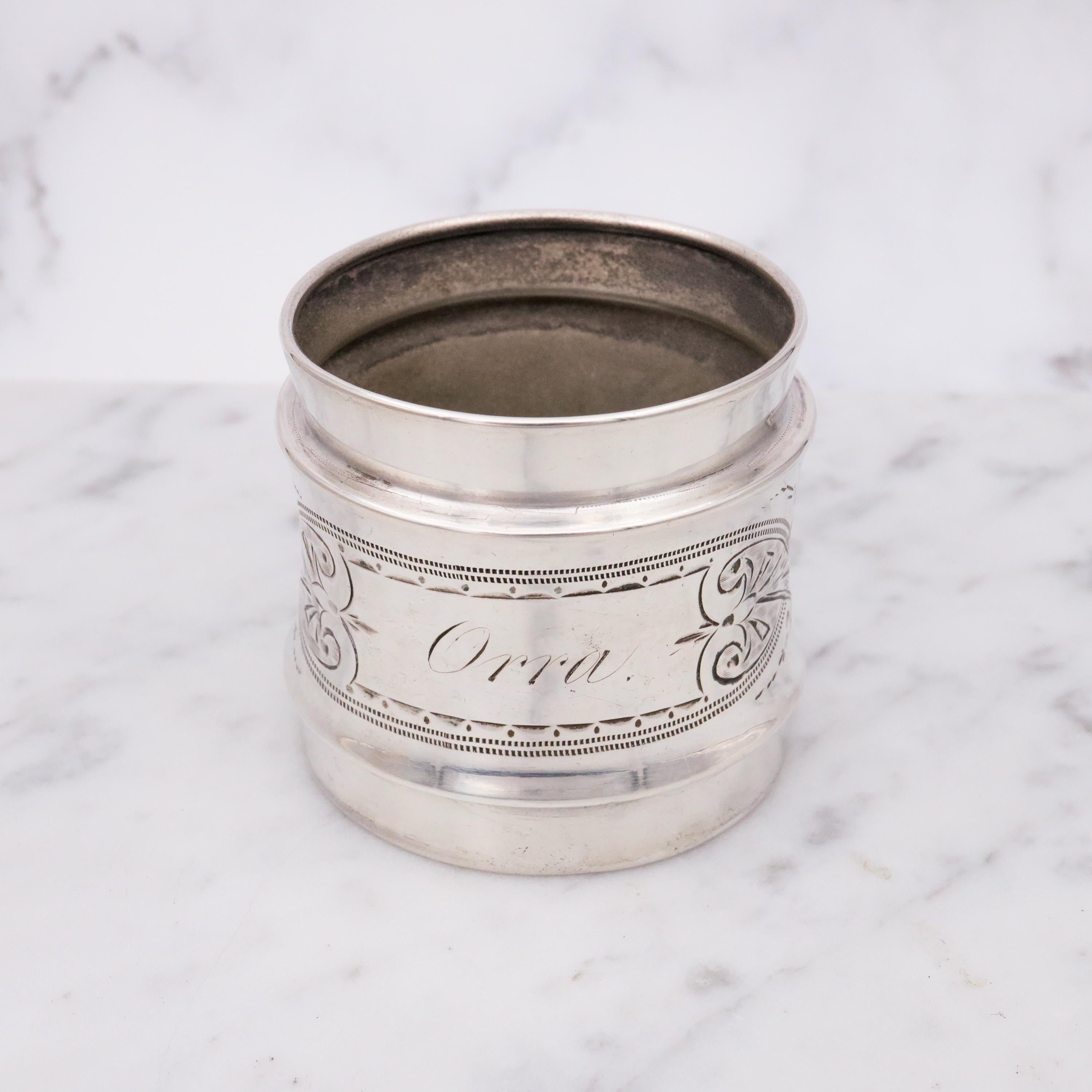 Antique aesthetic American coin silver napkin ring engraved "Orra"