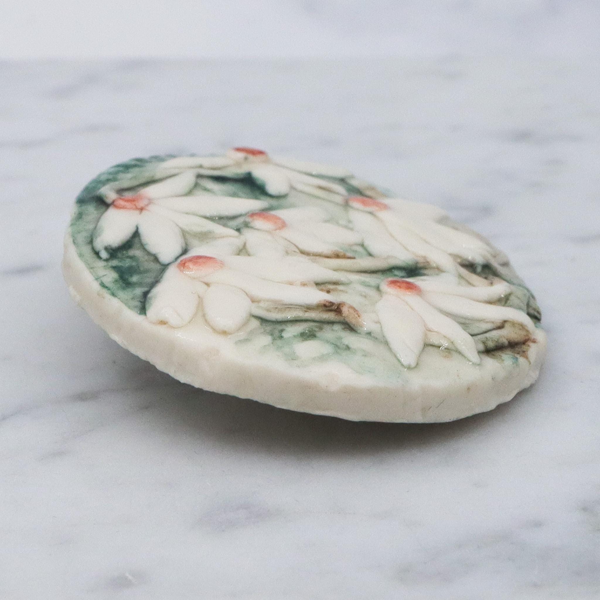 Vintage handmade porcelain white flower plaque brooch