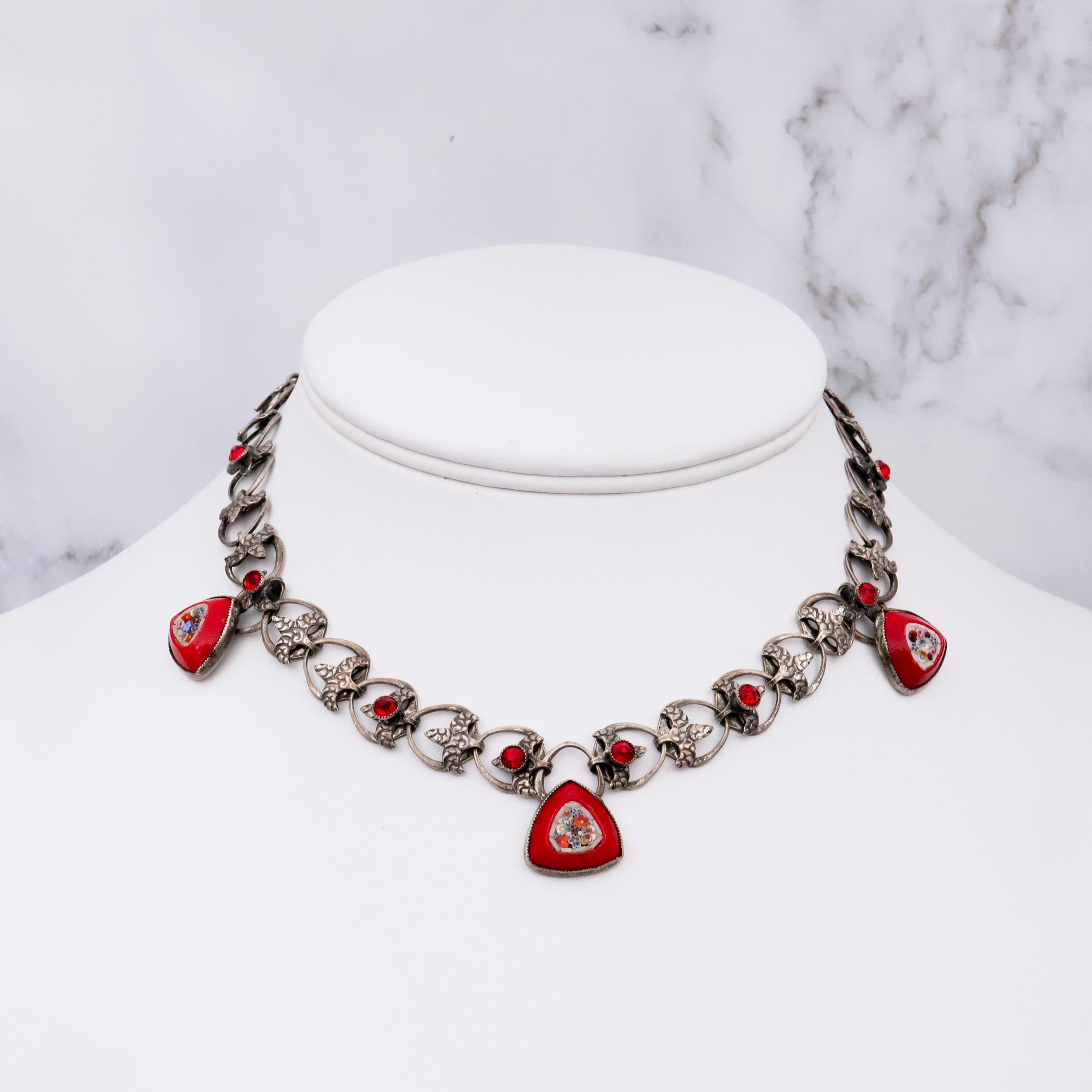 Mid Century red micro mosaic silver tone necklace