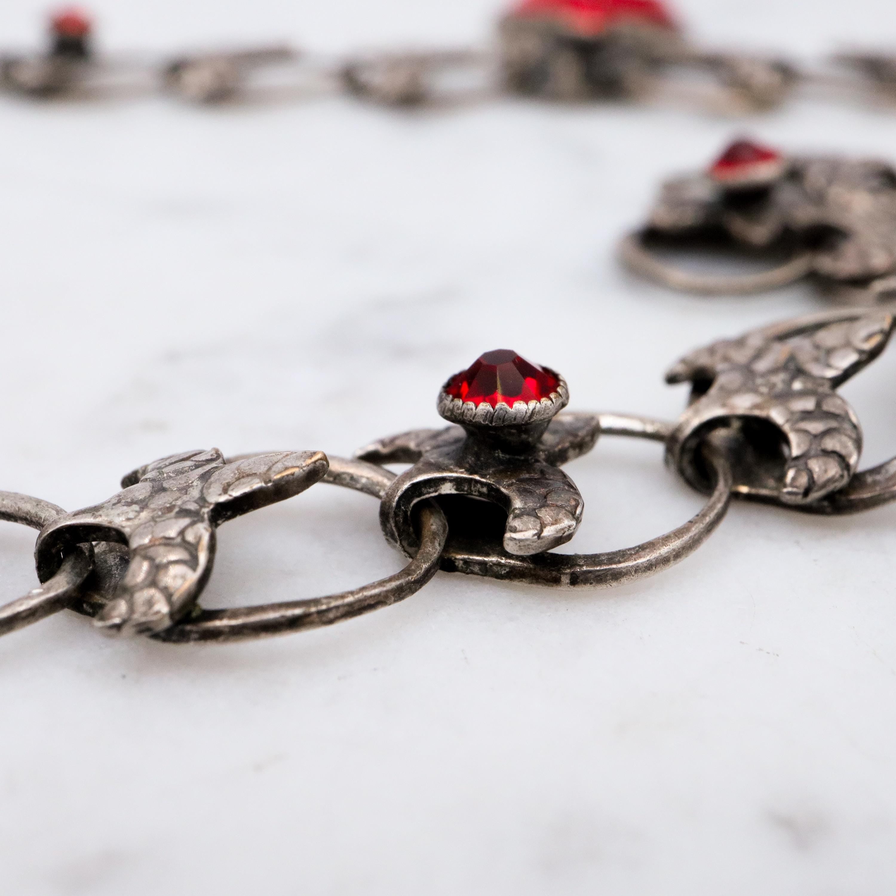 Mid Century red micro mosaic silver tone necklace