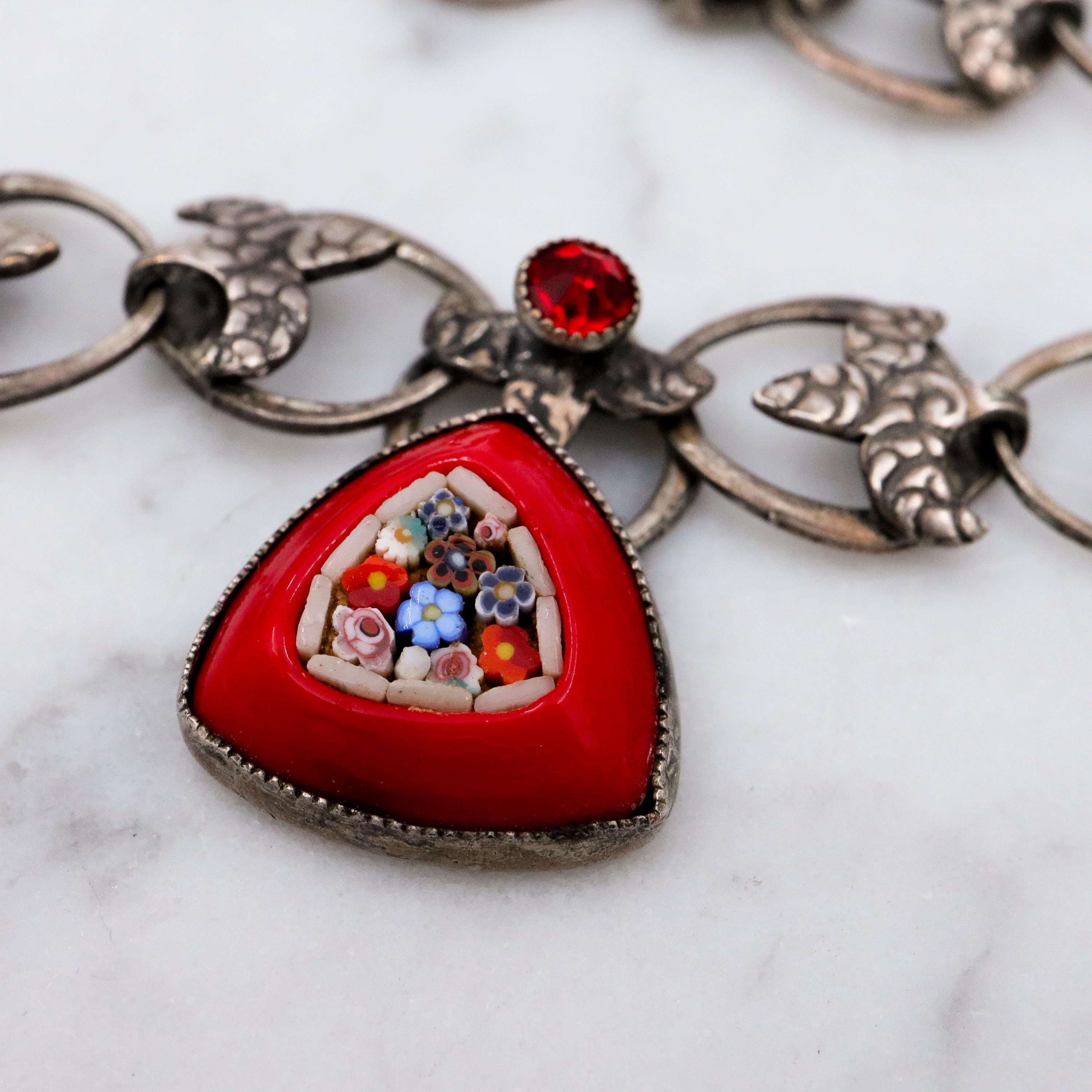 Mid Century red micro mosaic silver tone necklace