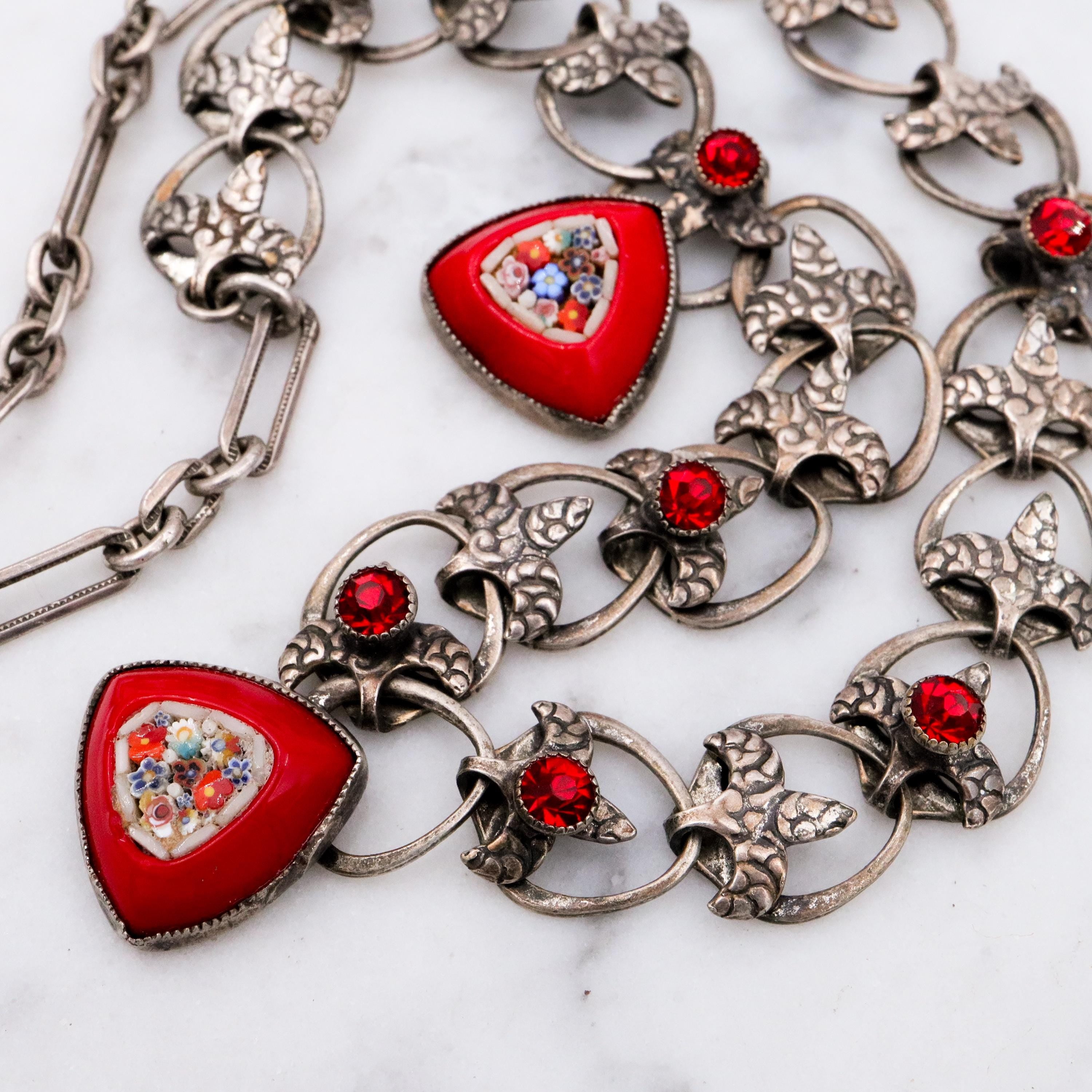 Mid Century red micro mosaic silver tone necklace