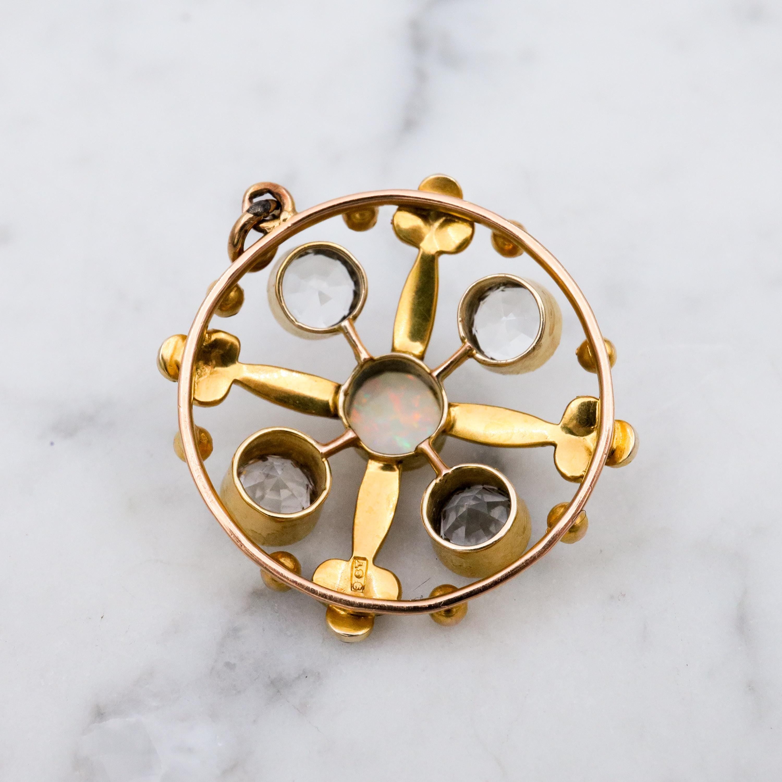 Antique Belle Epoque opal, white topaz, & pearl 9k gold circle pendant
