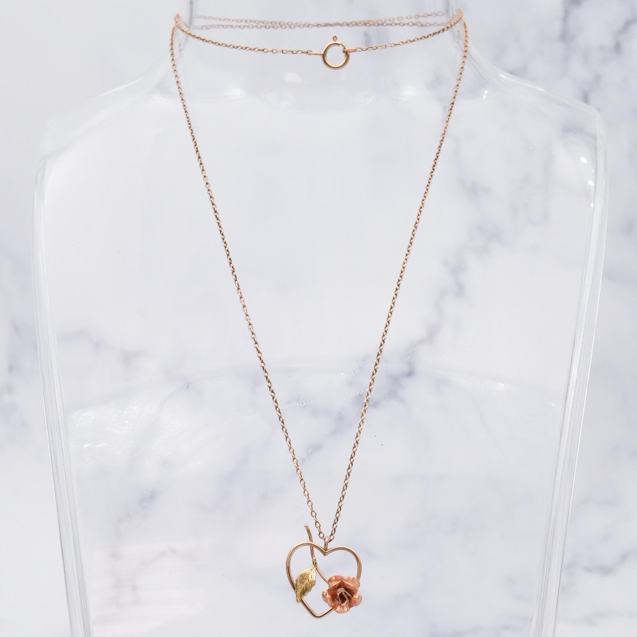 Retro two toned gold plated rosebud heart pendant necklace