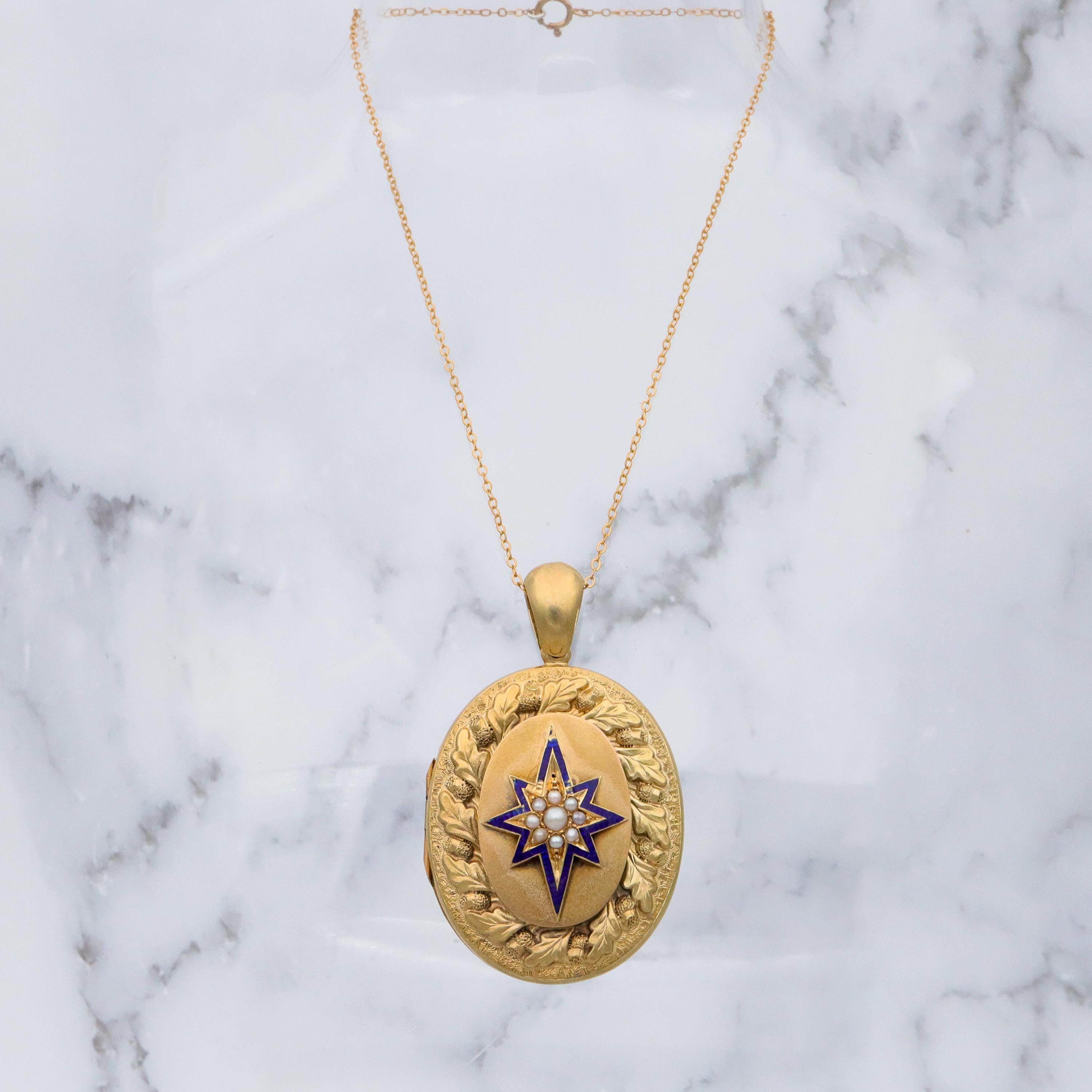 Large Antique Victorian 14k gold locket w/blue enamel star & split pearls