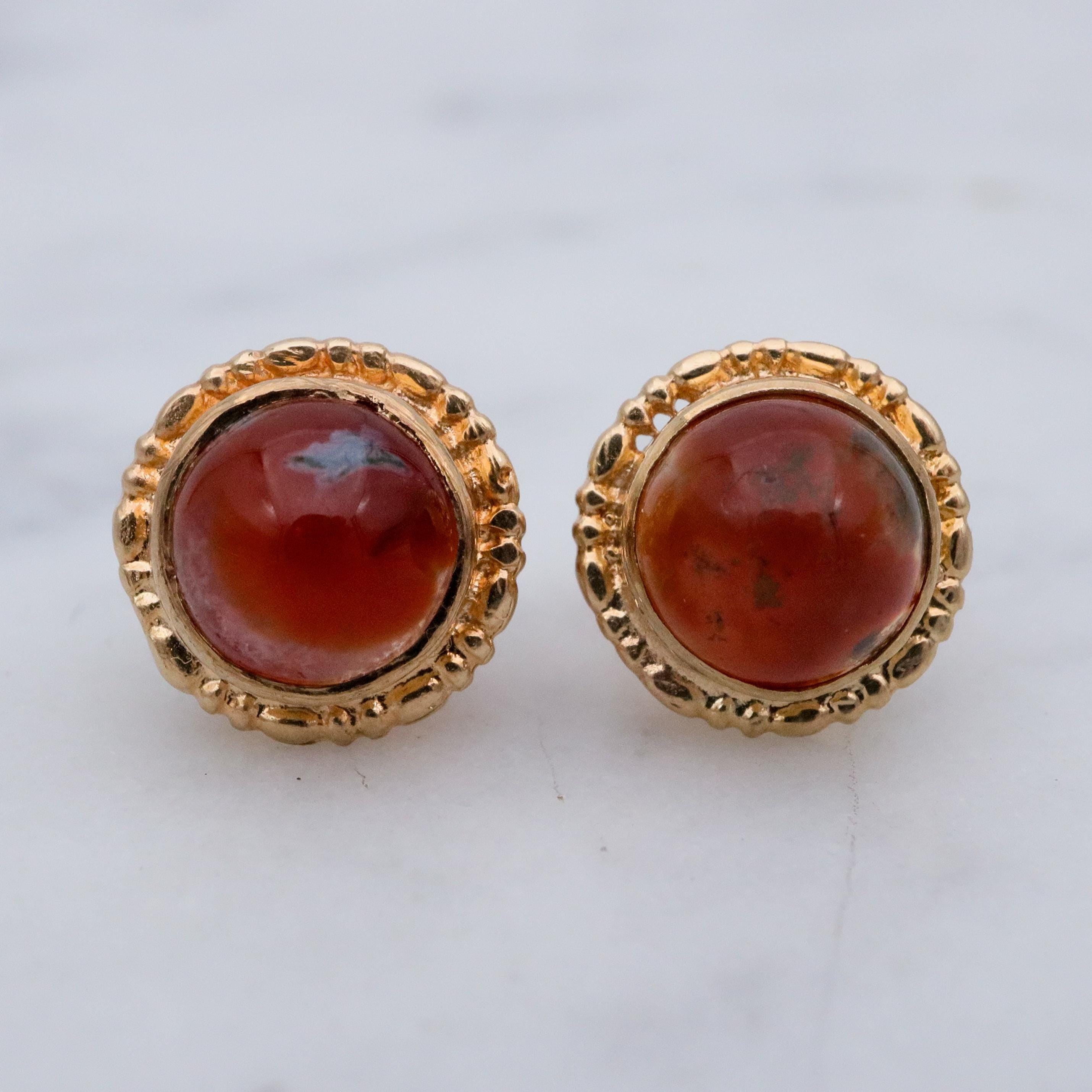 Vintage 9k gold red moss agate stud earrings