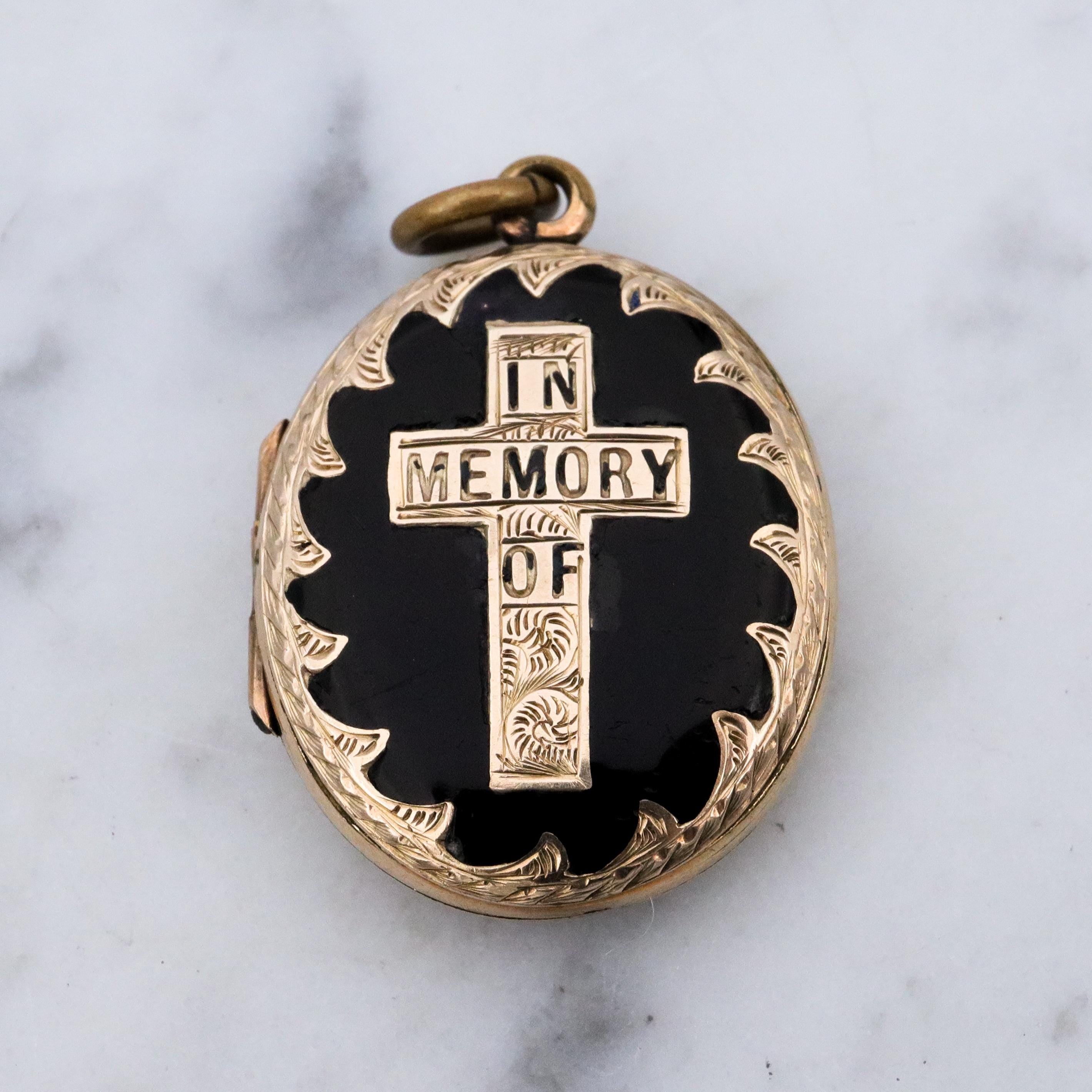 Antique Victorian 9k gold front & back "In Memory Of" black enamel mourning locket pendant
