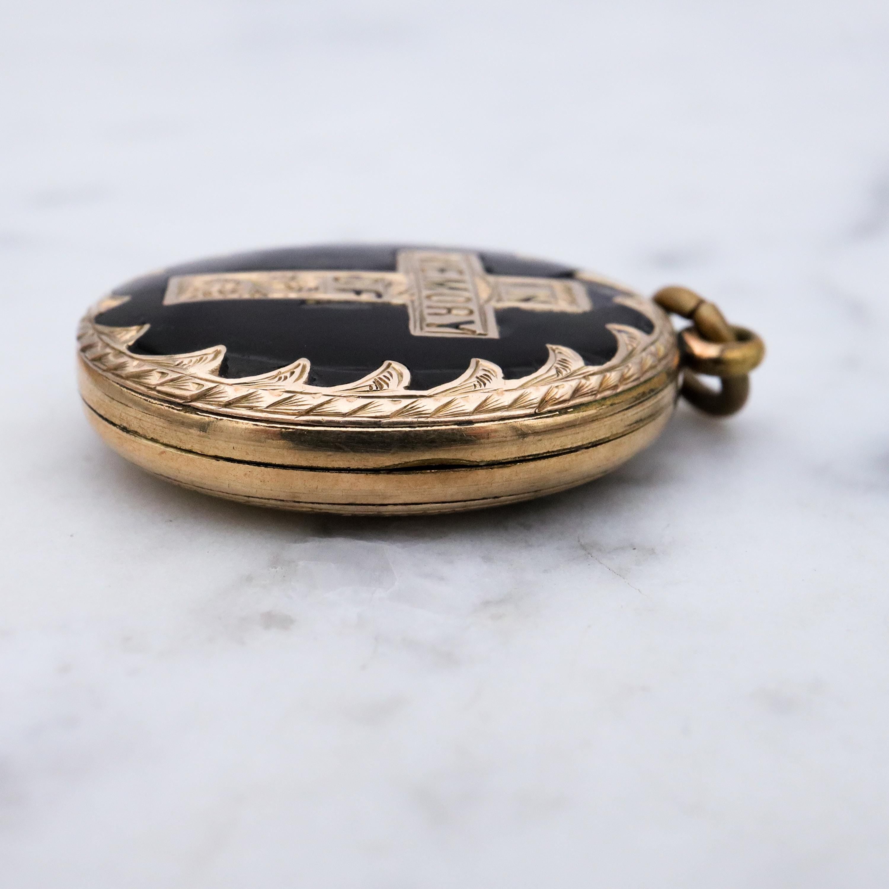 Antique Victorian 9k gold front & back "In Memory Of" black enamel mourning locket pendant
