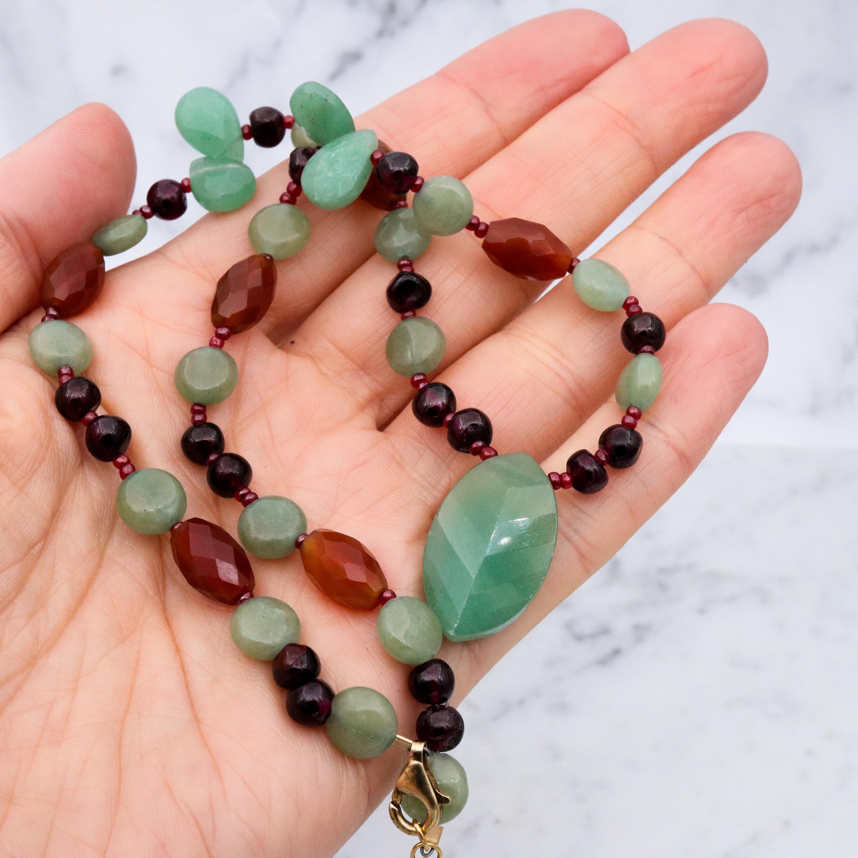 Vintage carved aventurine, carnelian and garnet with gold plated clasp adjustable length necklace