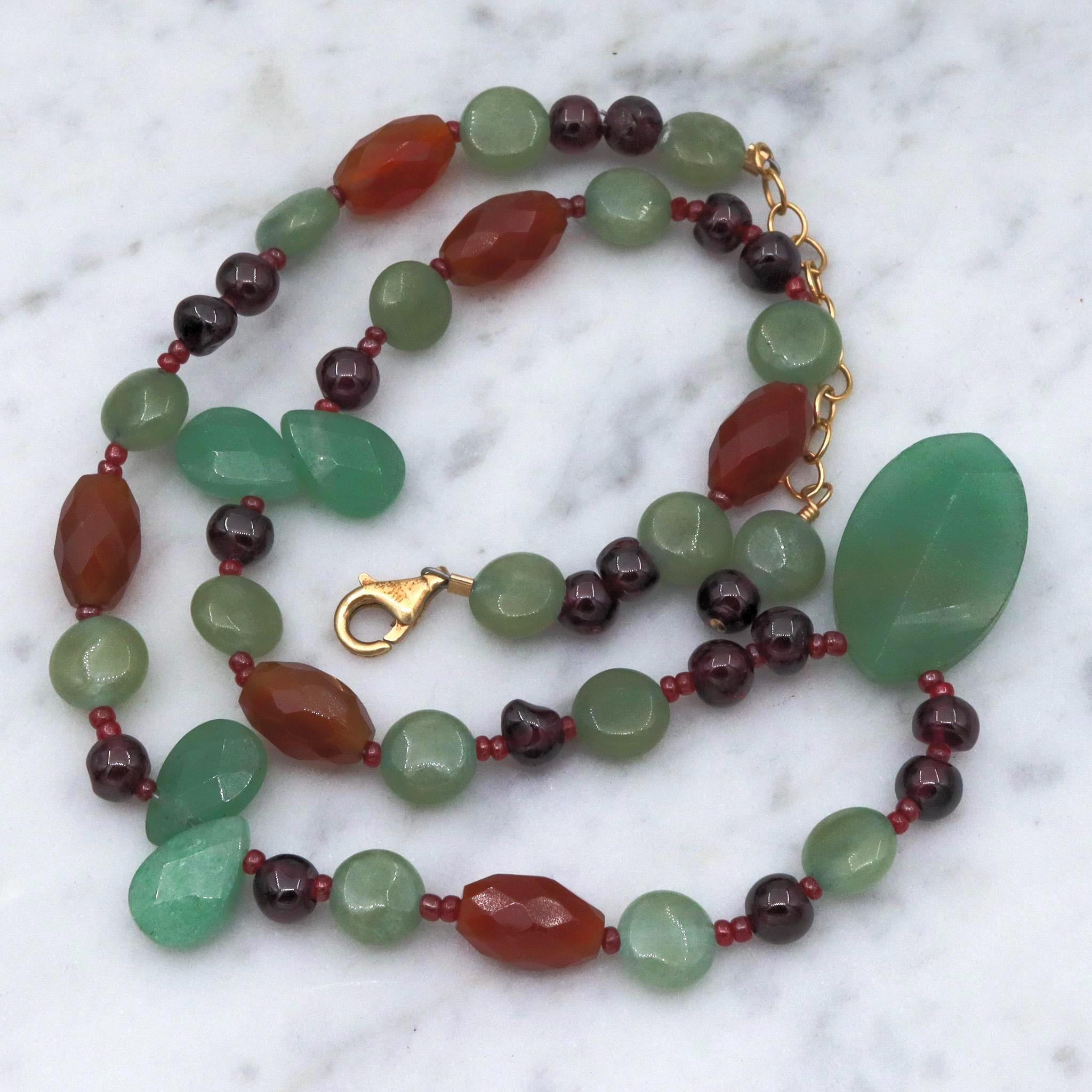 Vintage carved aventurine, carnelian and garnet with gold plated clasp adjustable length necklace