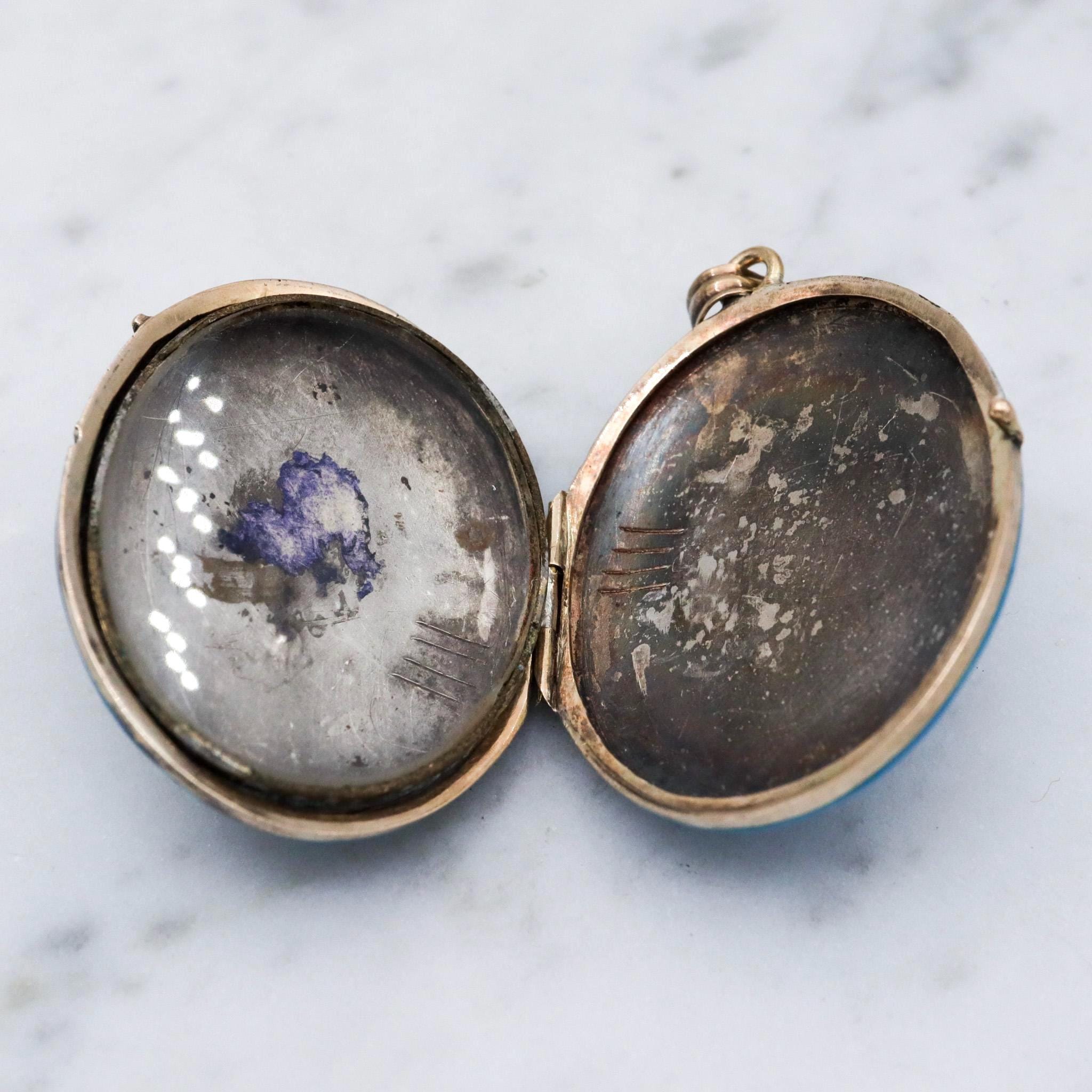 Antique Victorian 14k gold blue & black enamel locket pendant with split pearls