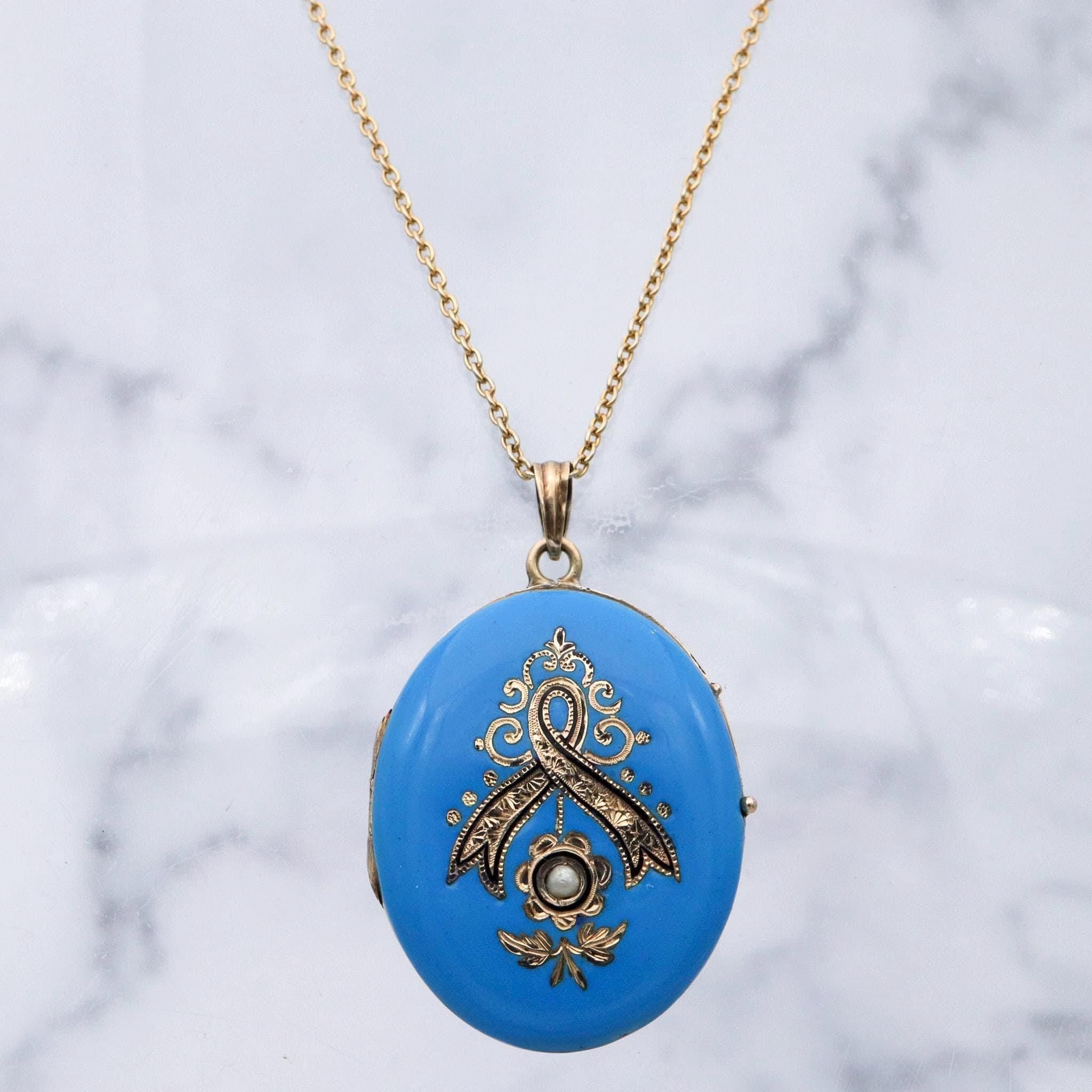 Antique Victorian 14k gold blue & black enamel locket pendant with split pearls