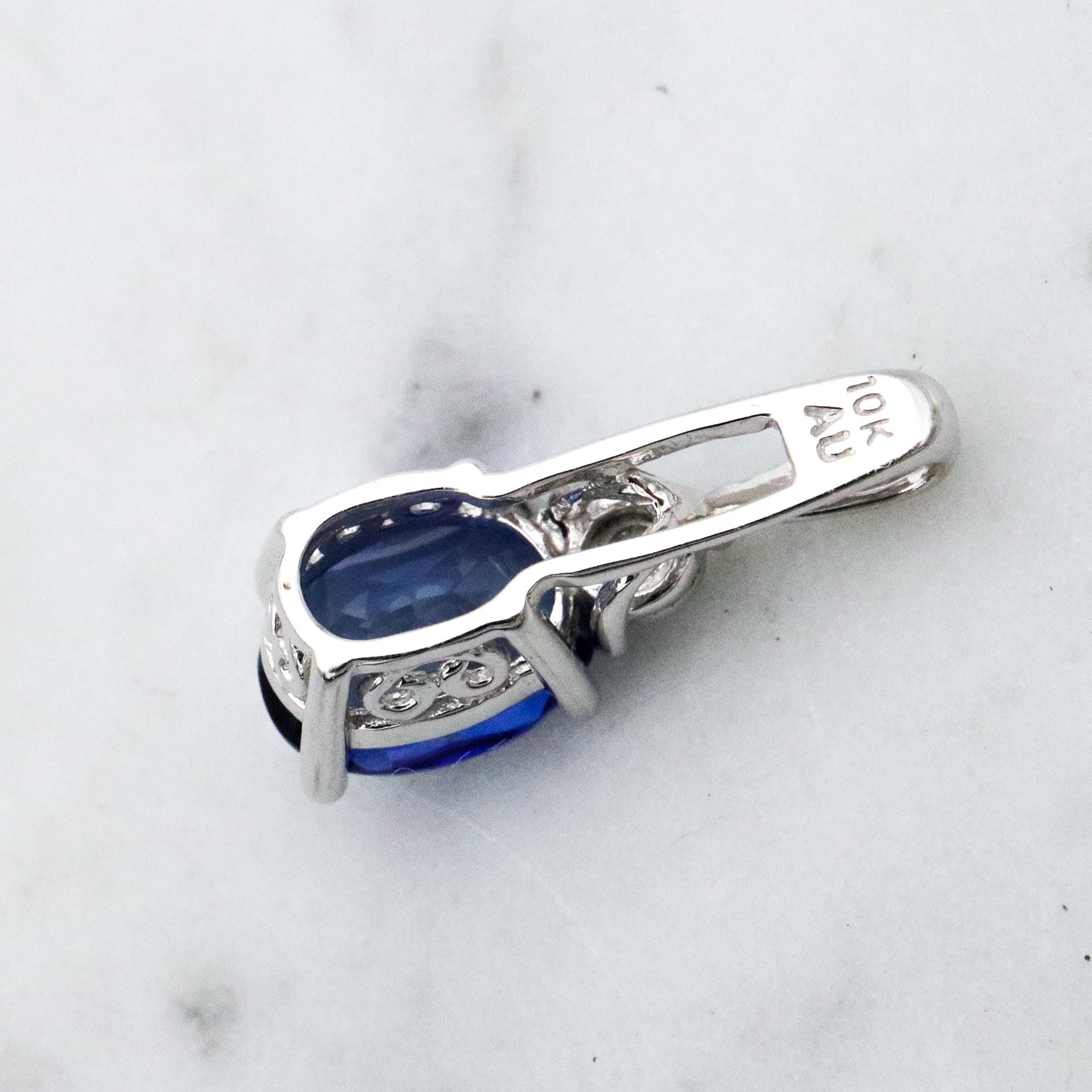 vintage 10k white gold simulated sapphire & genuine diamond drop pendant