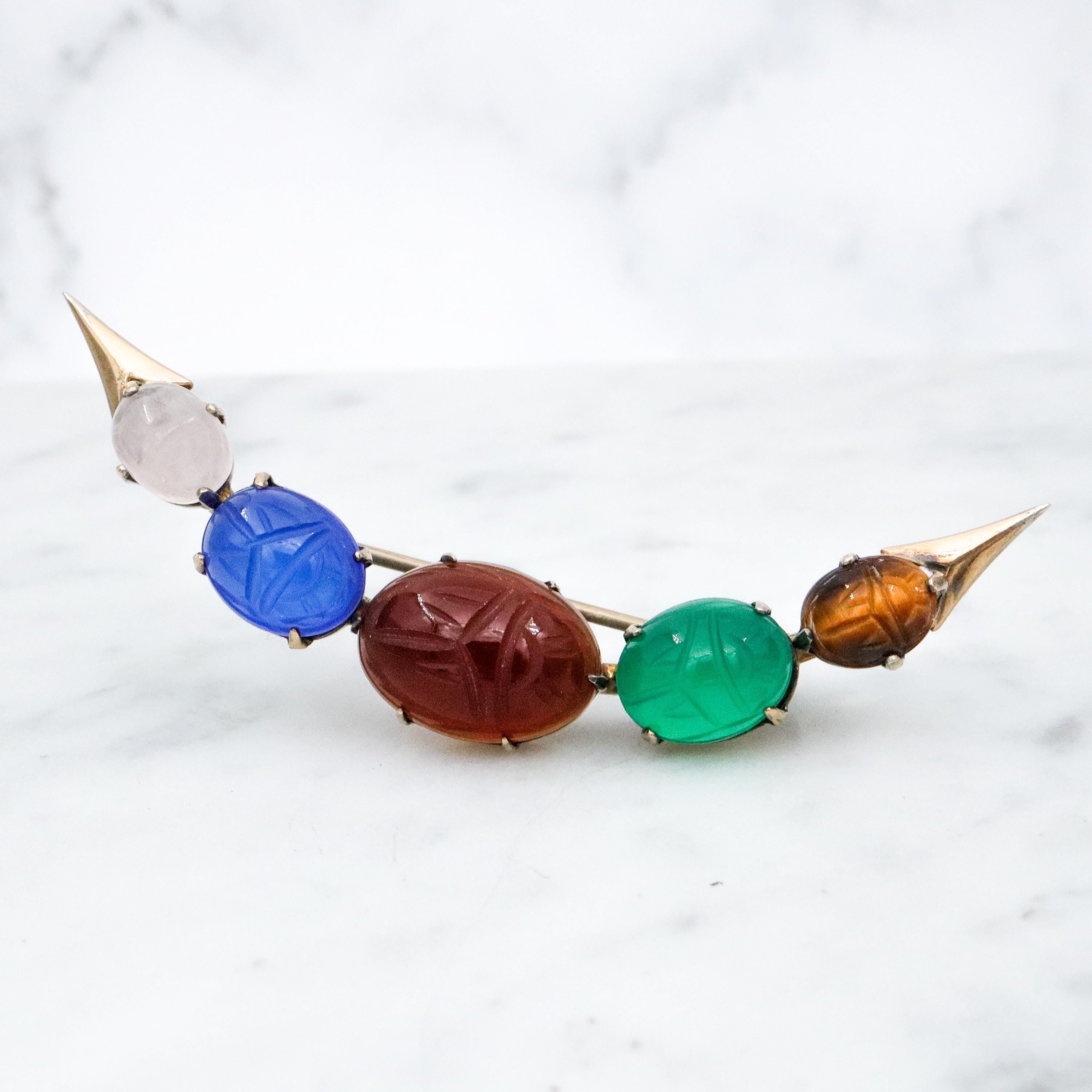 Mid Century Symmetalic sterling silver & gold filled carved scarab crescent moon brooch
