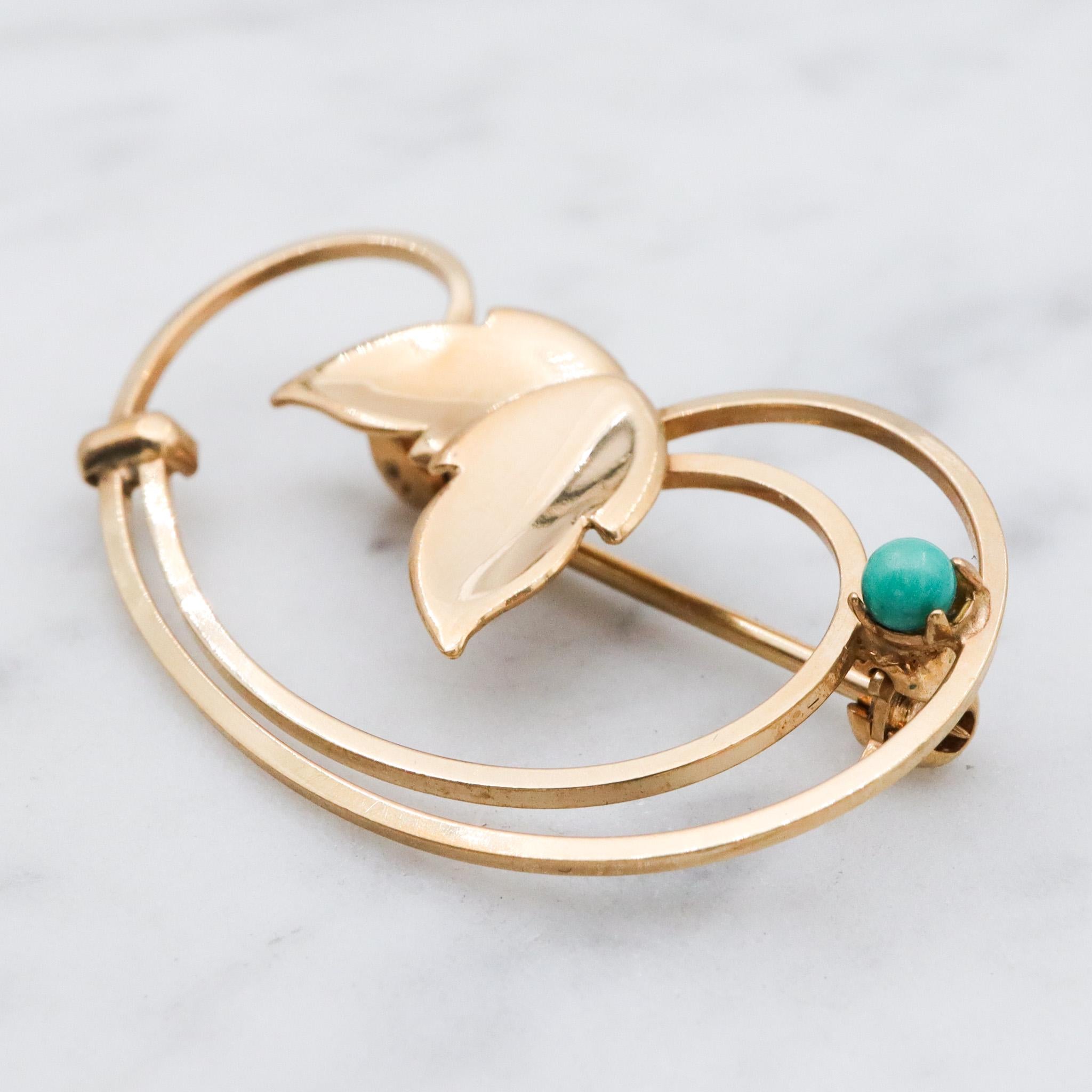 Mid Century Modern Curtis Creations 14k gold filled & turquoise ivy brooch
