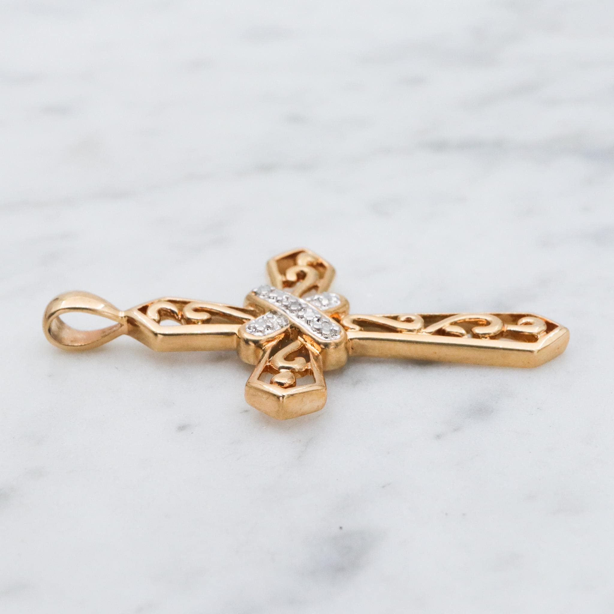 Vintage gold plated sterling silver filigree cross pendant with diamond accents