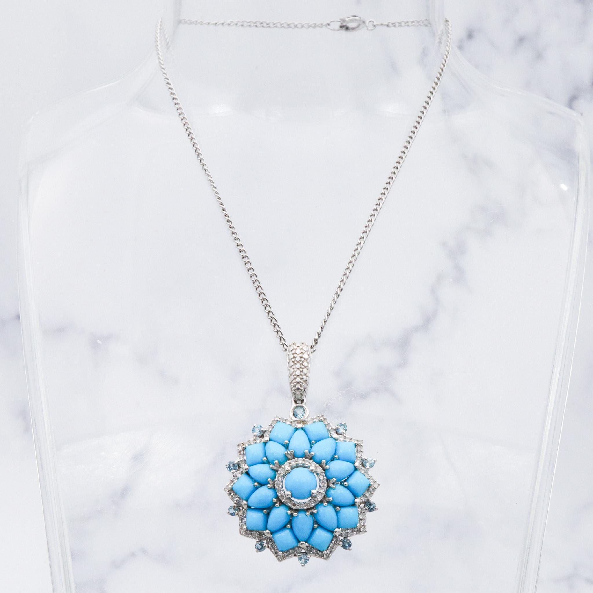 Vintage sterling silver turquoise, blue topaz & zircon mandala pendant