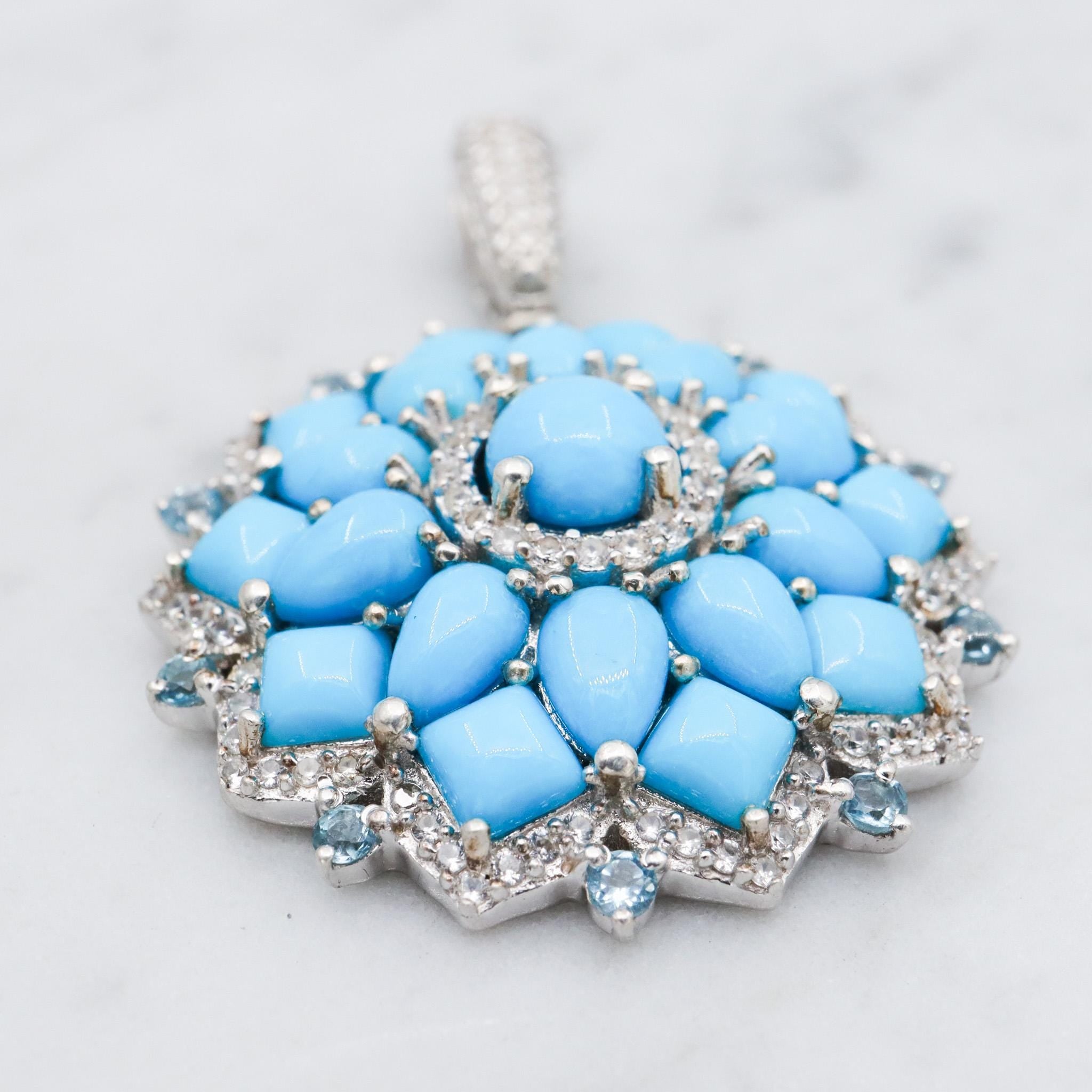Vintage sterling silver turquoise, blue topaz & zircon mandala pendant