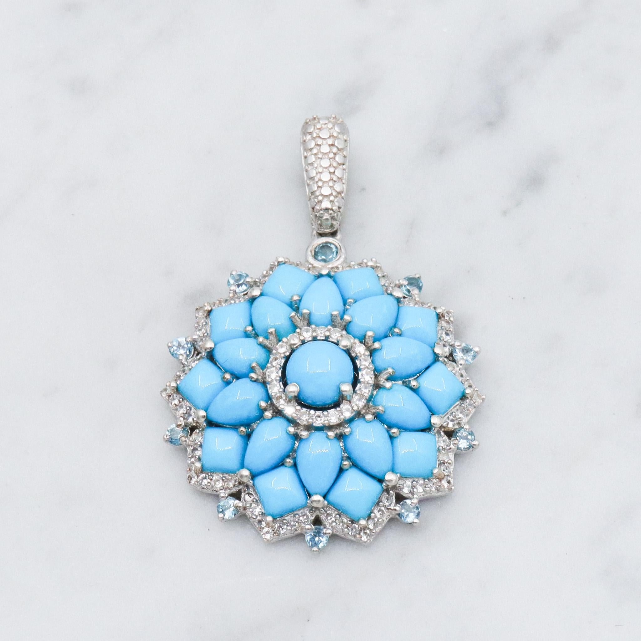Vintage sterling silver turquoise, blue topaz & zircon mandala pendant