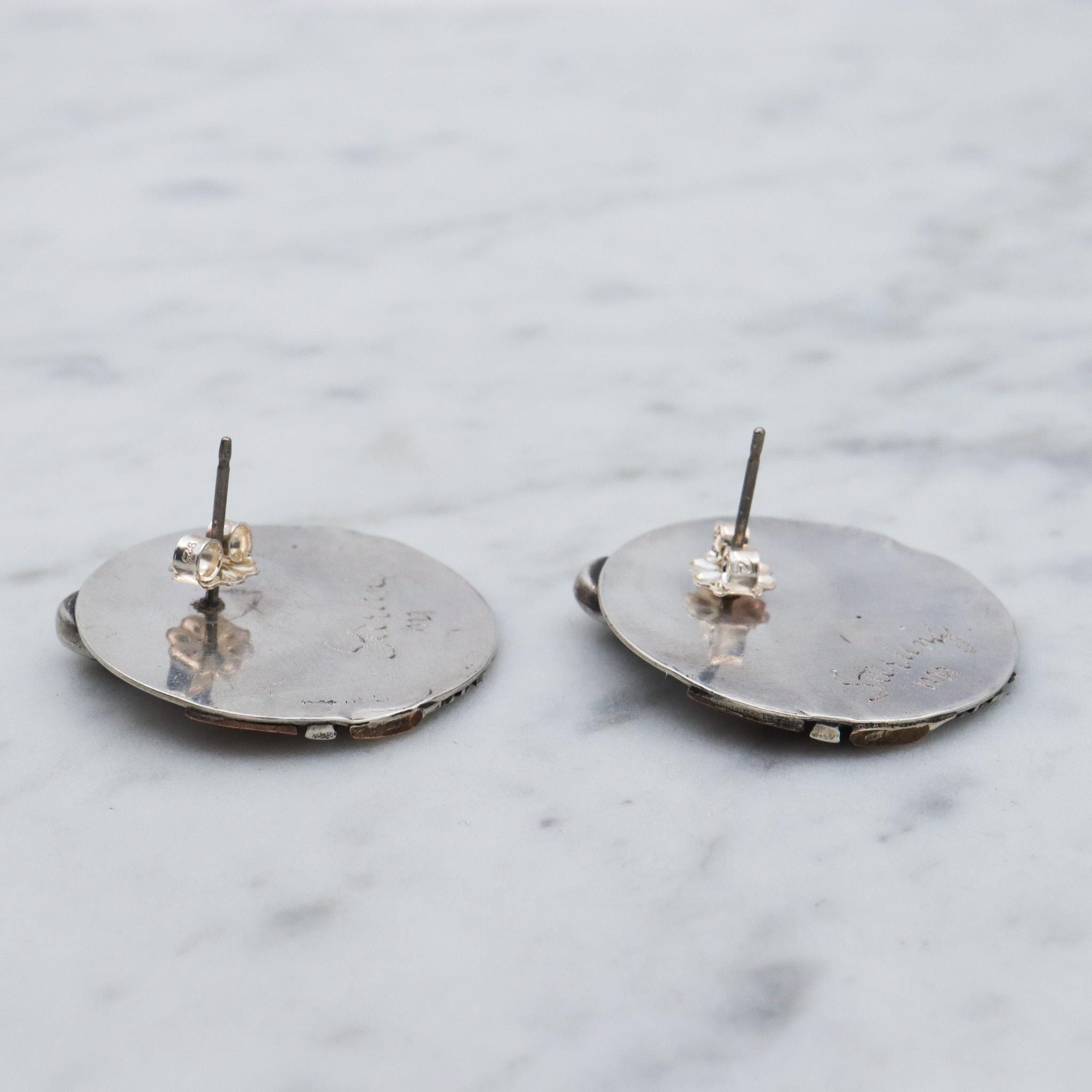 Retro sterling silver, copper & brass disc earrings with onyx, artist signed