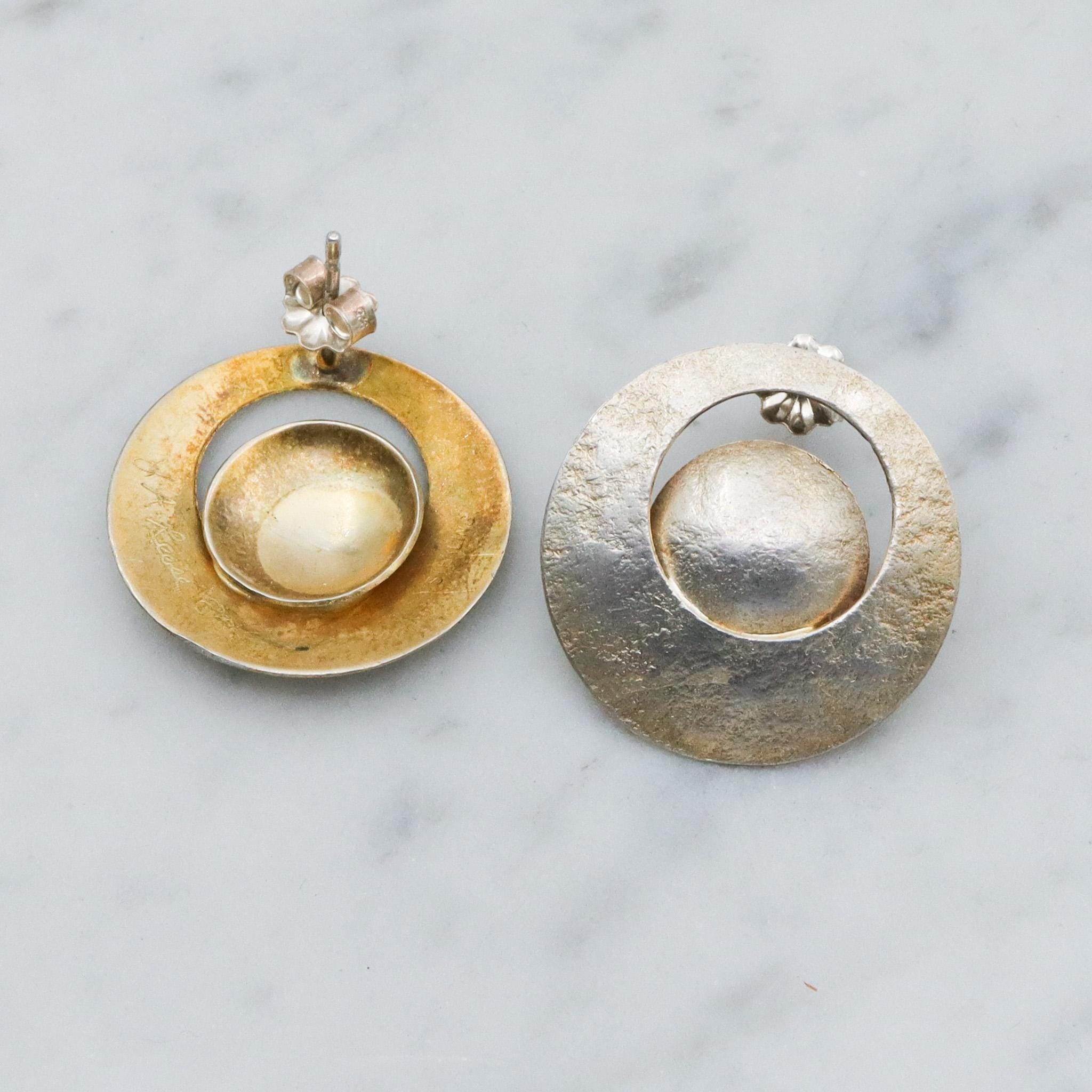 Mid Century gold vermeil sterling silver disc earrings, artist signed