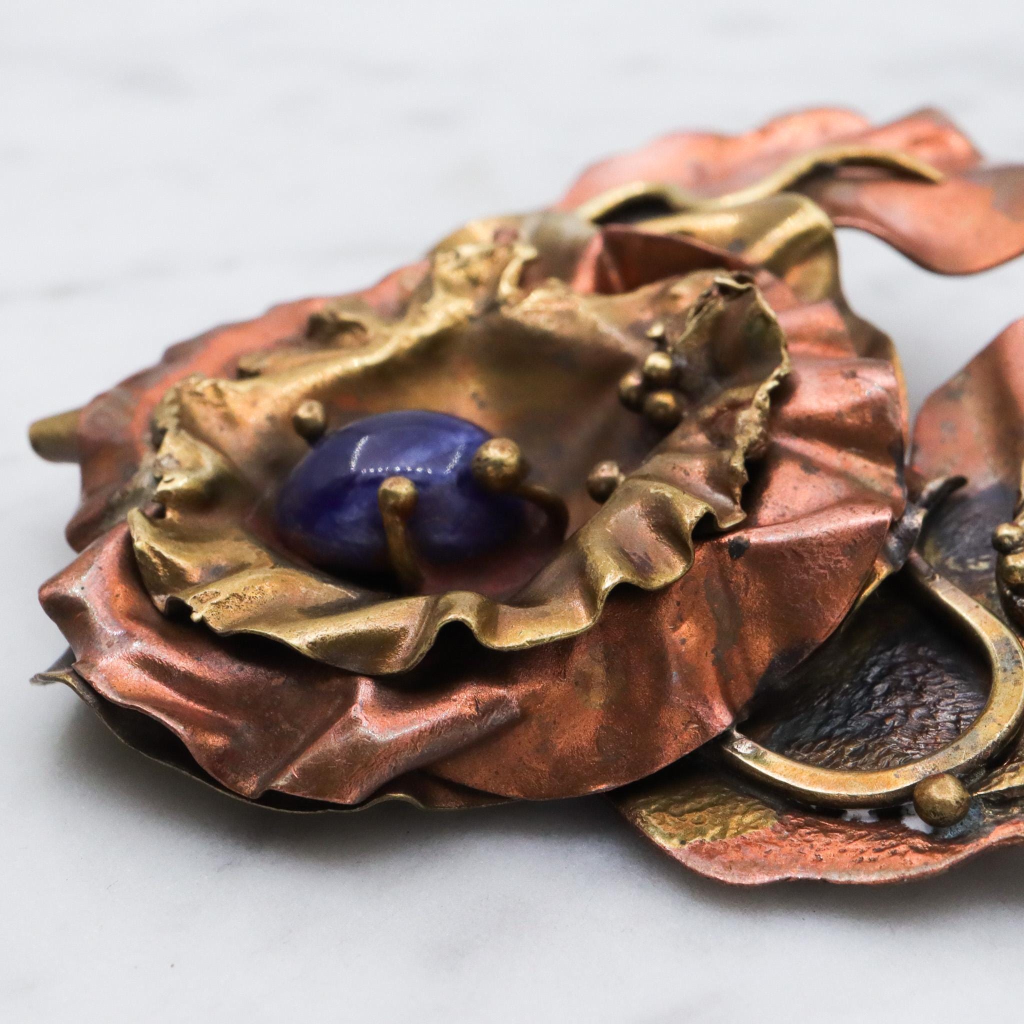 Large 80's brass & copper handmade brooch with sodalite center