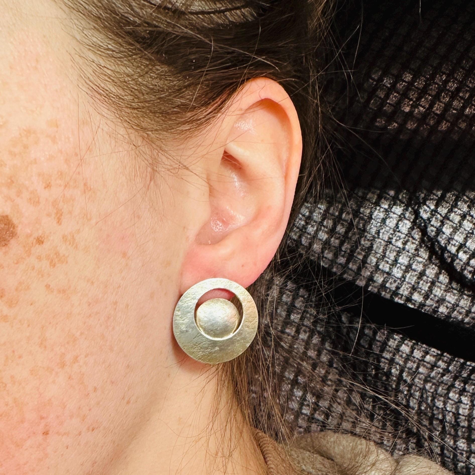 Mid Century gold vermeil sterling silver disc earrings, artist signed
