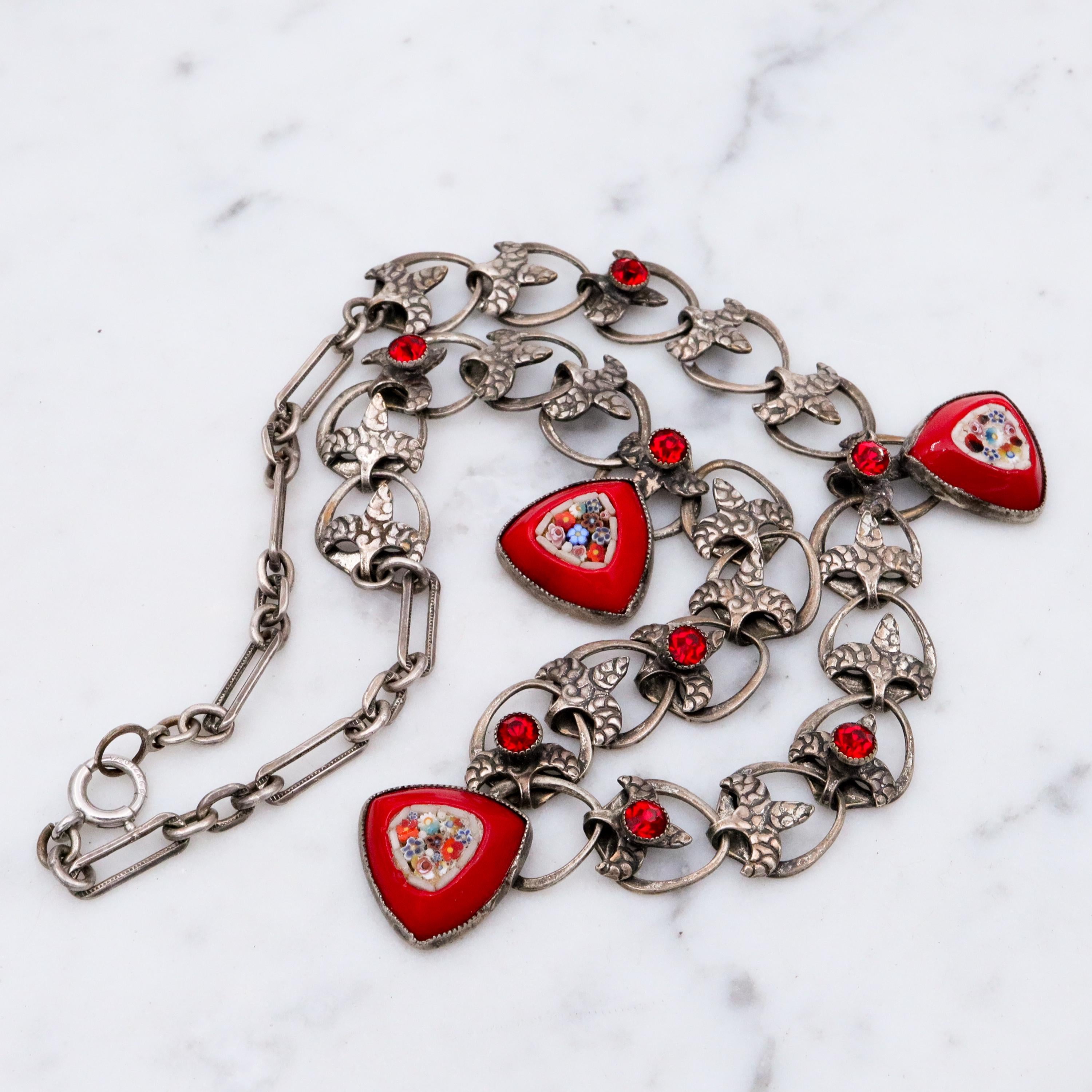 Mid Century red micro mosaic silver tone necklace