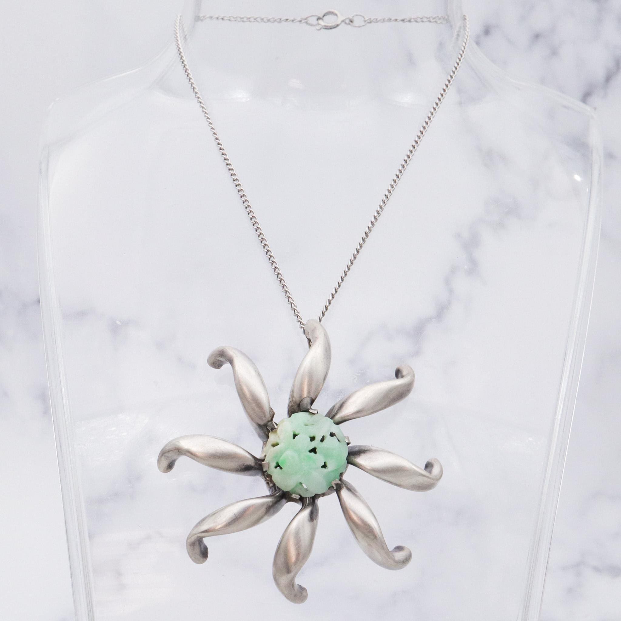 Antique Art Deco sterling silver Chinese carved jade flower pendant