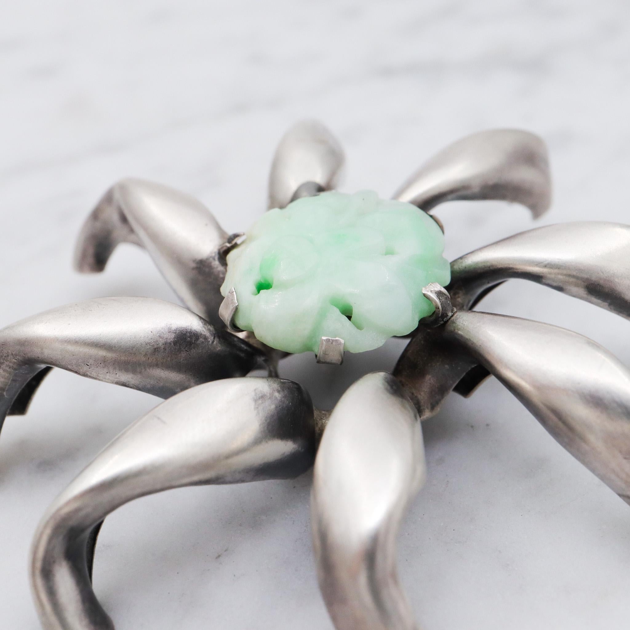 Antique Art Deco sterling silver Chinese carved jade flower pendant