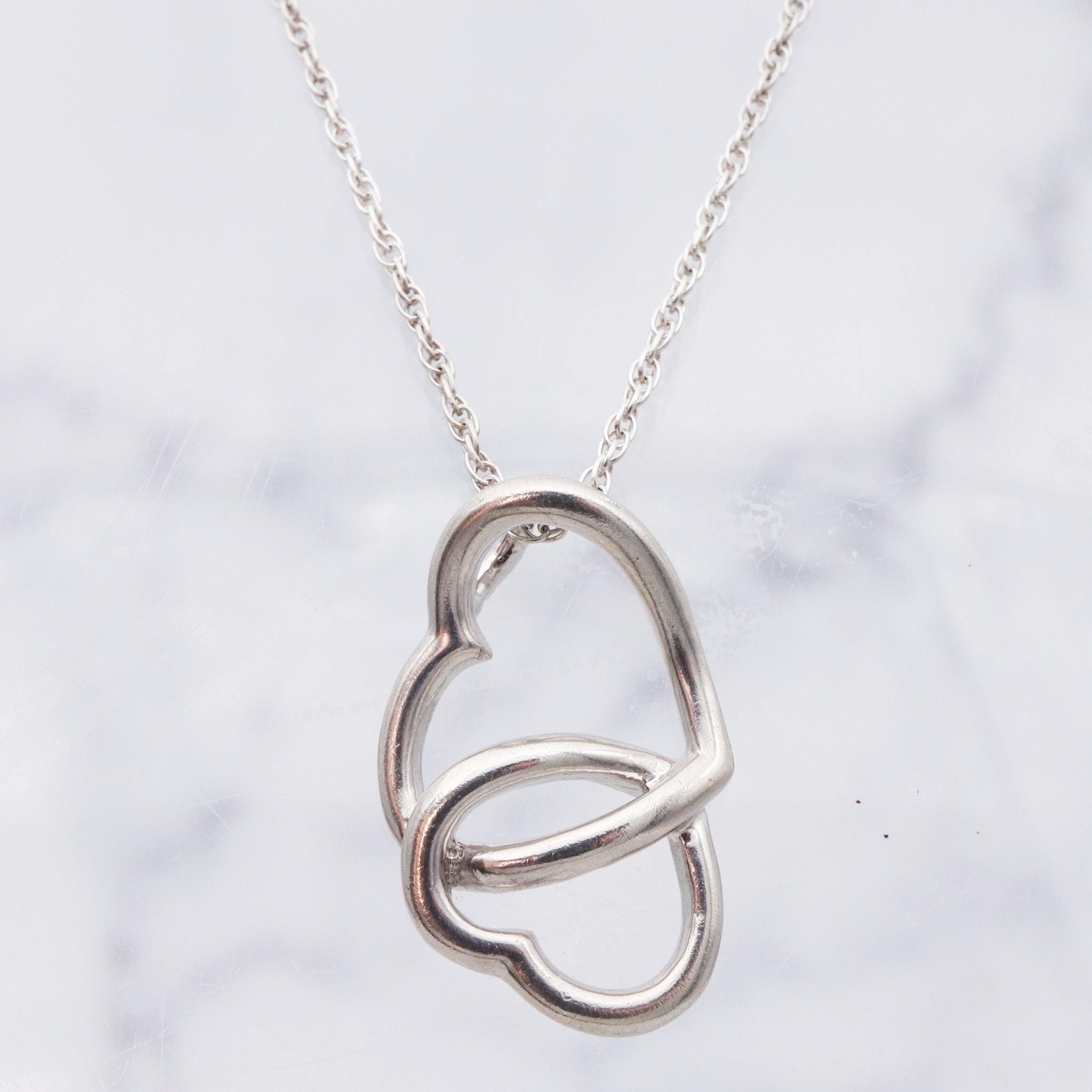 Vintage sterling silver double open heart pendant necklace